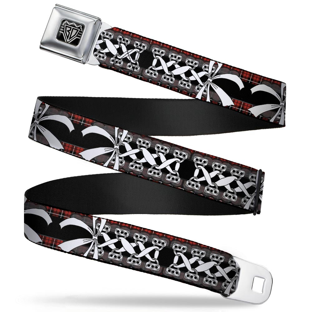 BD Wings Logo CLOSE-UP Full Color Black Silver Seatbelt Belt - Corset Lace Up w/Bow Red Plaid/Black Webbing Seatbelt Belts Buckle-Down