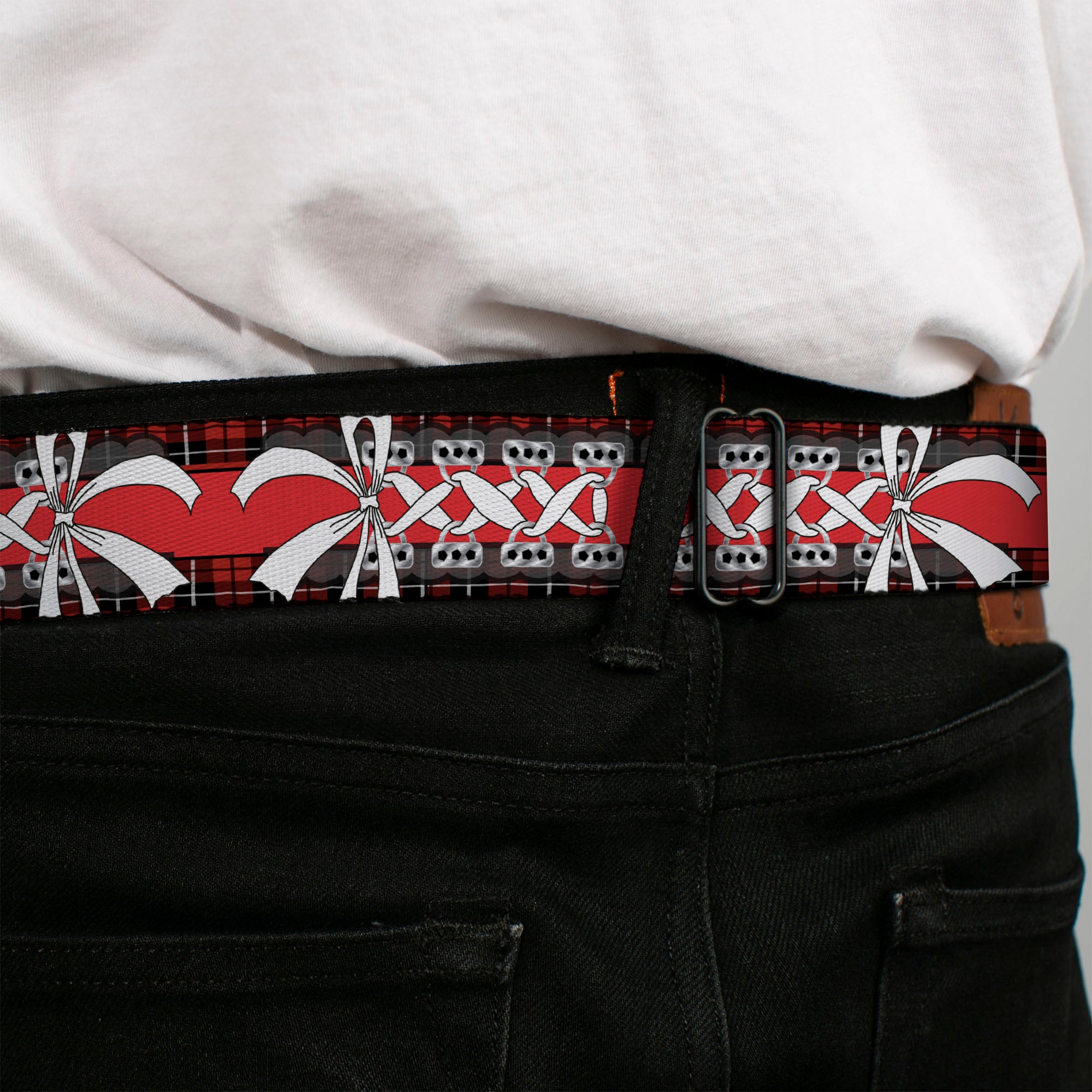 BD Wings Logo CLOSE-UP Full Color Black Silver Seatbelt Belt - Corset Lace Up w/Bow Red Plaid/Red Webbing Seatbelt Belts Buckle-Down