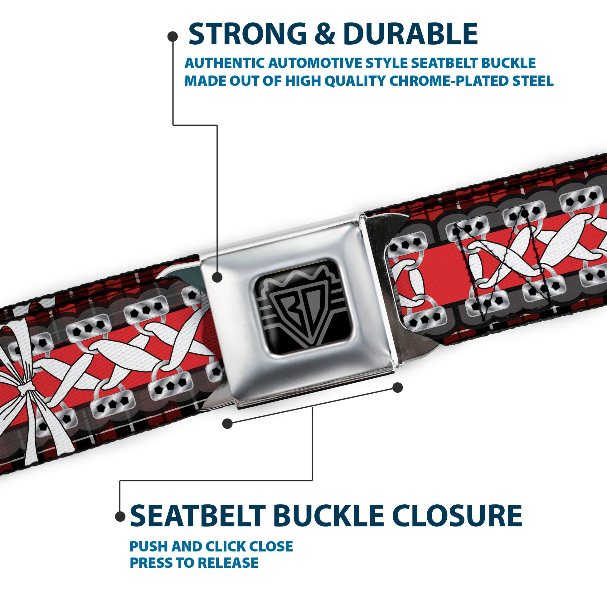 BD Wings Logo CLOSE-UP Full Color Black Silver Seatbelt Belt - Corset Lace Up w/Bow Red Plaid/Red Webbing Seatbelt Belts Buckle-Down