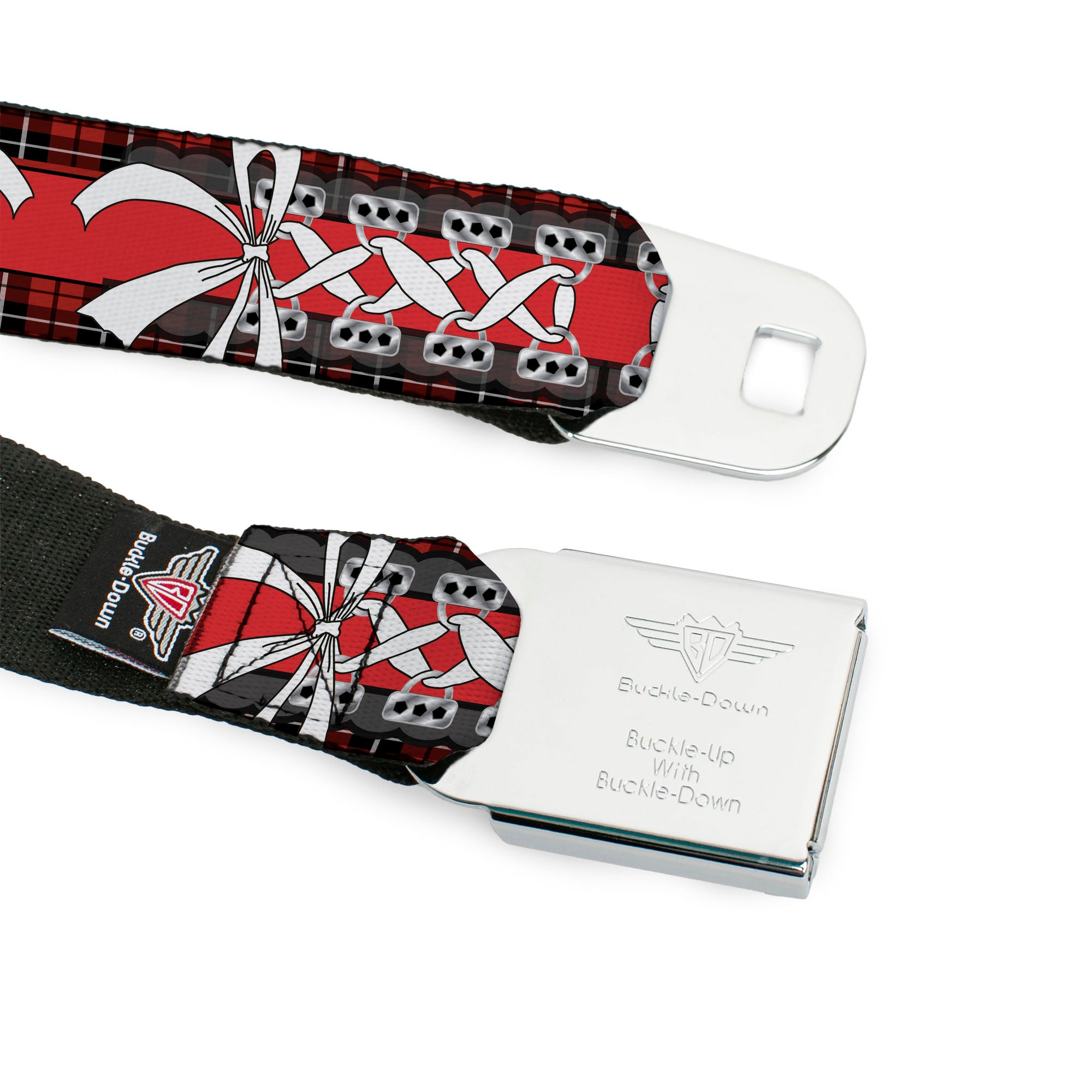 BD Wings Logo CLOSE-UP Full Color Black Silver Seatbelt Belt - Corset Lace Up w/Bow Red Plaid/Red Webbing Seatbelt Belts Buckle-Down