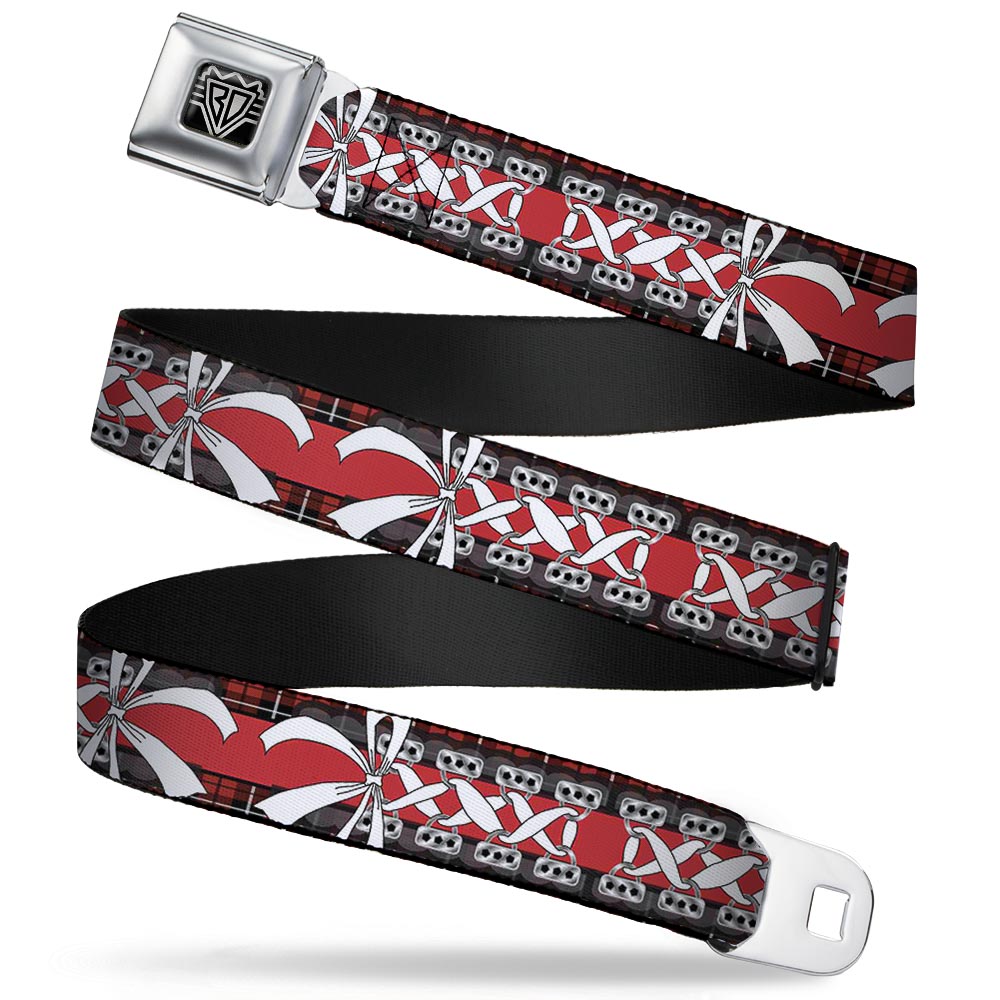 BD Wings Logo CLOSE-UP Full Color Black Silver Seatbelt Belt - Corset Lace Up w/Bow Red Plaid/Red Webbing Seatbelt Belts Buckle-Down