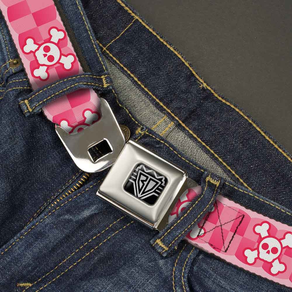 BD Wings Logo CLOSE-UP Full Color Black Silver Seatbelt Belt - Cute Skulls w/Checkers Pinks/White Webbing Seatbelt Belts Buckle-Down