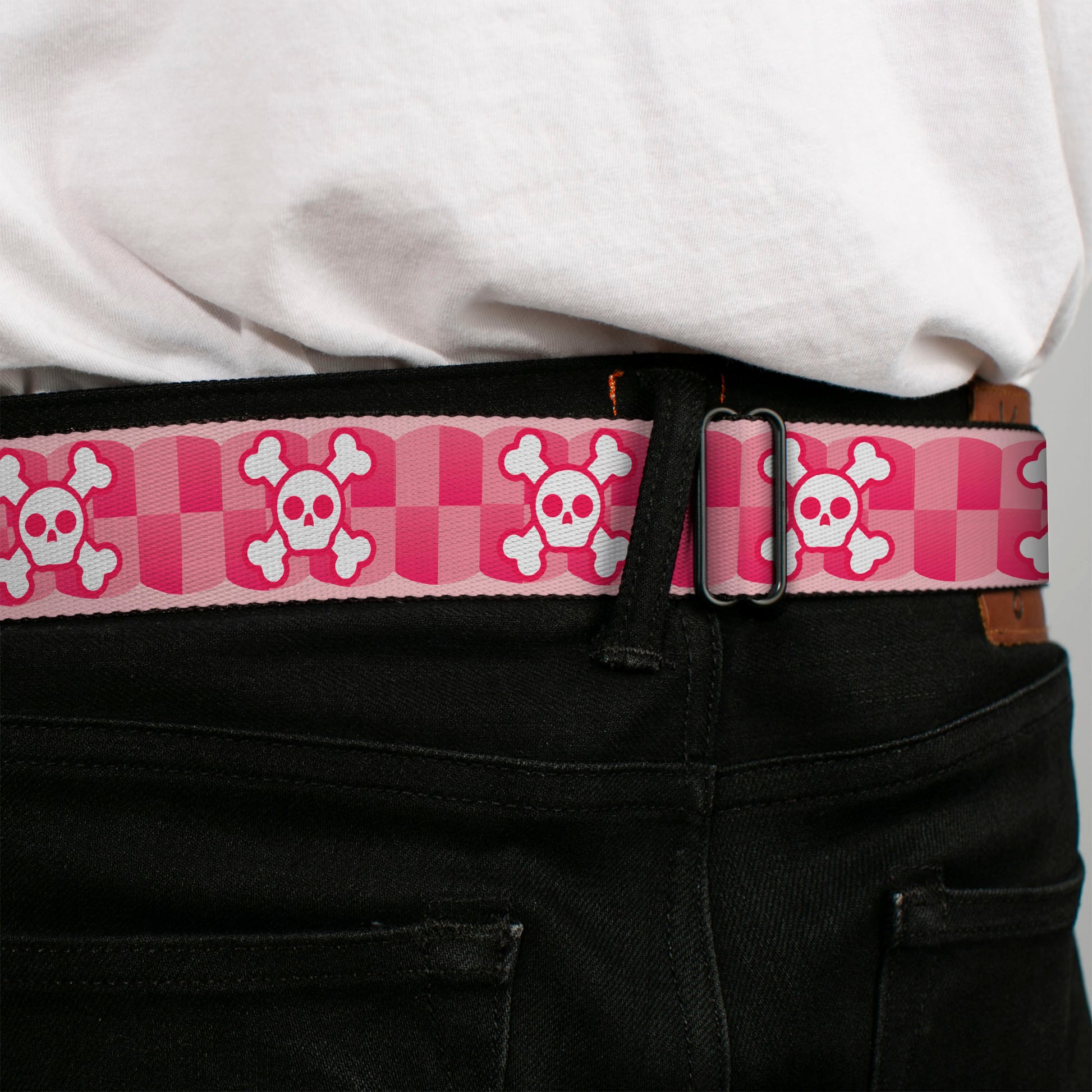 BD Wings Logo CLOSE-UP Full Color Black Silver Seatbelt Belt - Cute Skulls w/Checkers Pinks/White Webbing Seatbelt Belts Buckle-Down