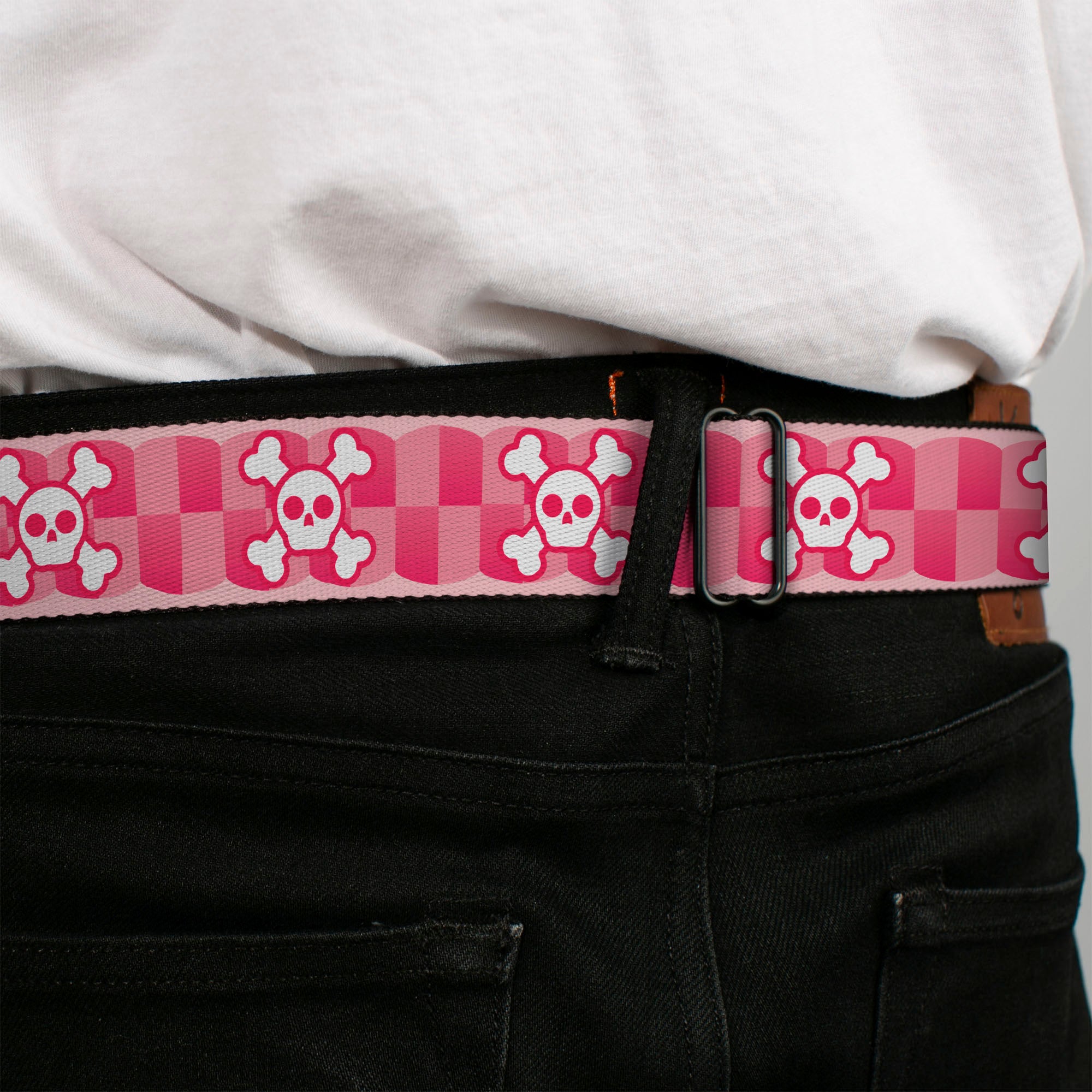 BD Wings Logo CLOSE-UP Full Color Black Silver Seatbelt Belt - Cute Skulls w/Checkers Pinks/White Webbing Seatbelt Belts Buckle-Down
