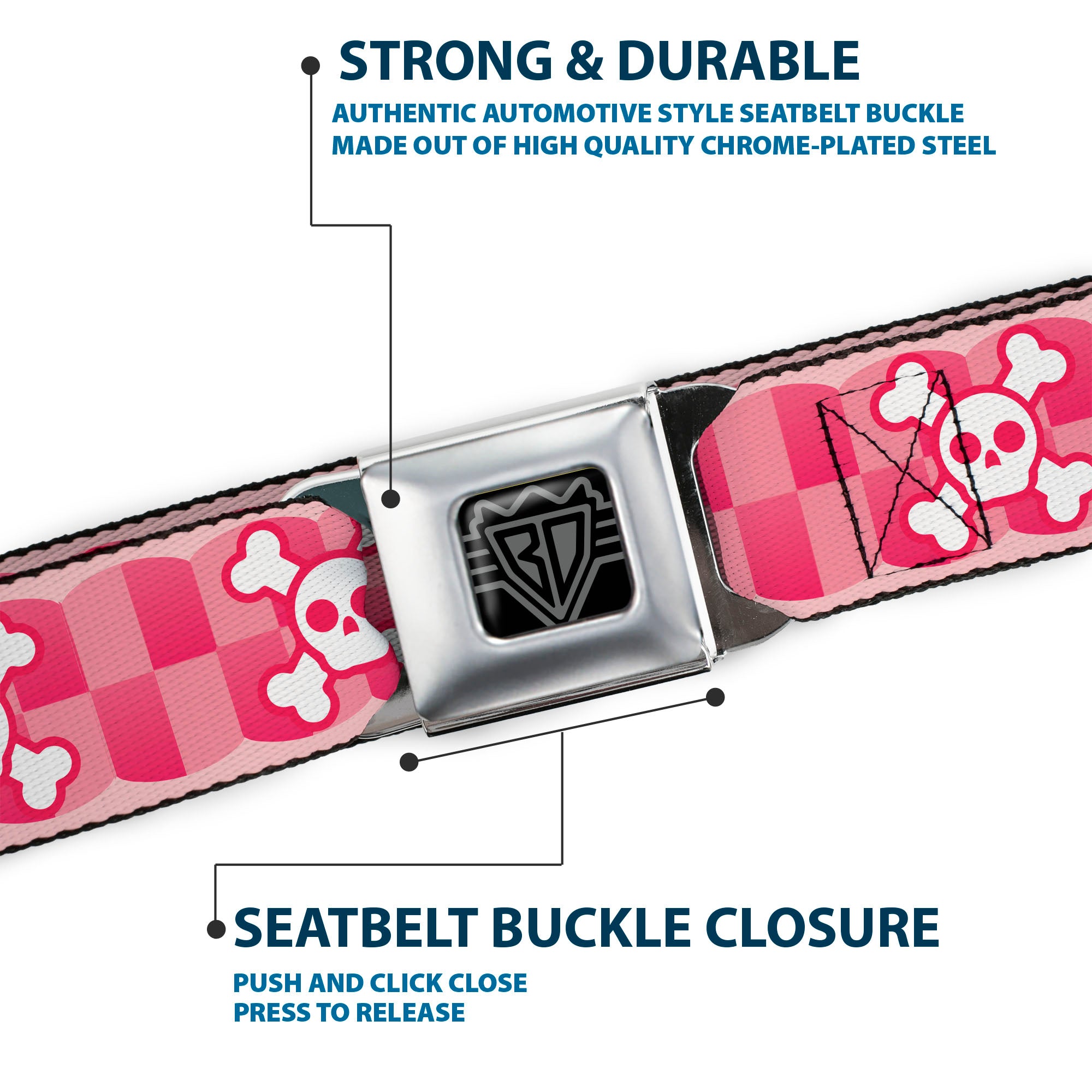 BD Wings Logo CLOSE-UP Full Color Black Silver Seatbelt Belt - Cute Skulls w/Checkers Pinks/White Webbing Seatbelt Belts Buckle-Down