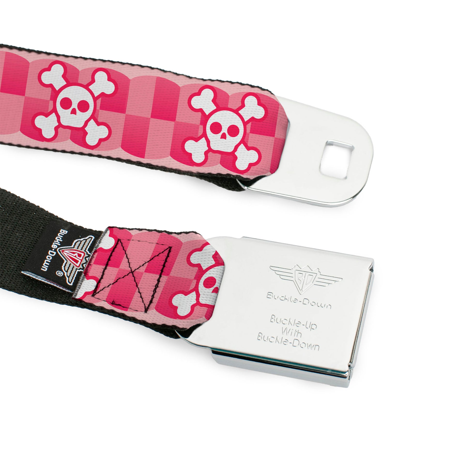 BD Wings Logo CLOSE-UP Full Color Black Silver Seatbelt Belt - Cute Skulls w/Checkers Pinks/White Webbing Seatbelt Belts Buckle-Down
