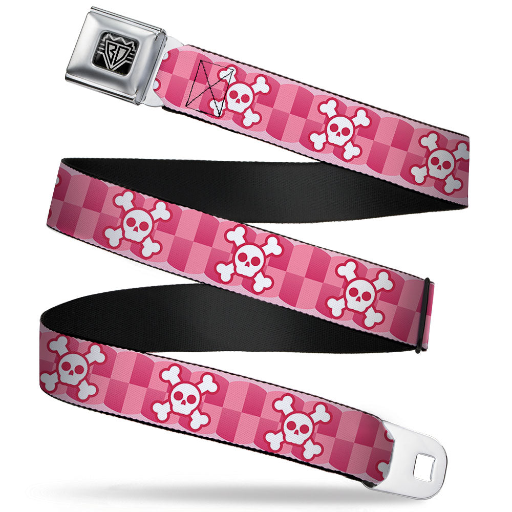 BD Wings Logo CLOSE-UP Full Color Black Silver Seatbelt Belt - Cute Skulls w/Checkers Pinks/White Webbing Seatbelt Belts Buckle-Down