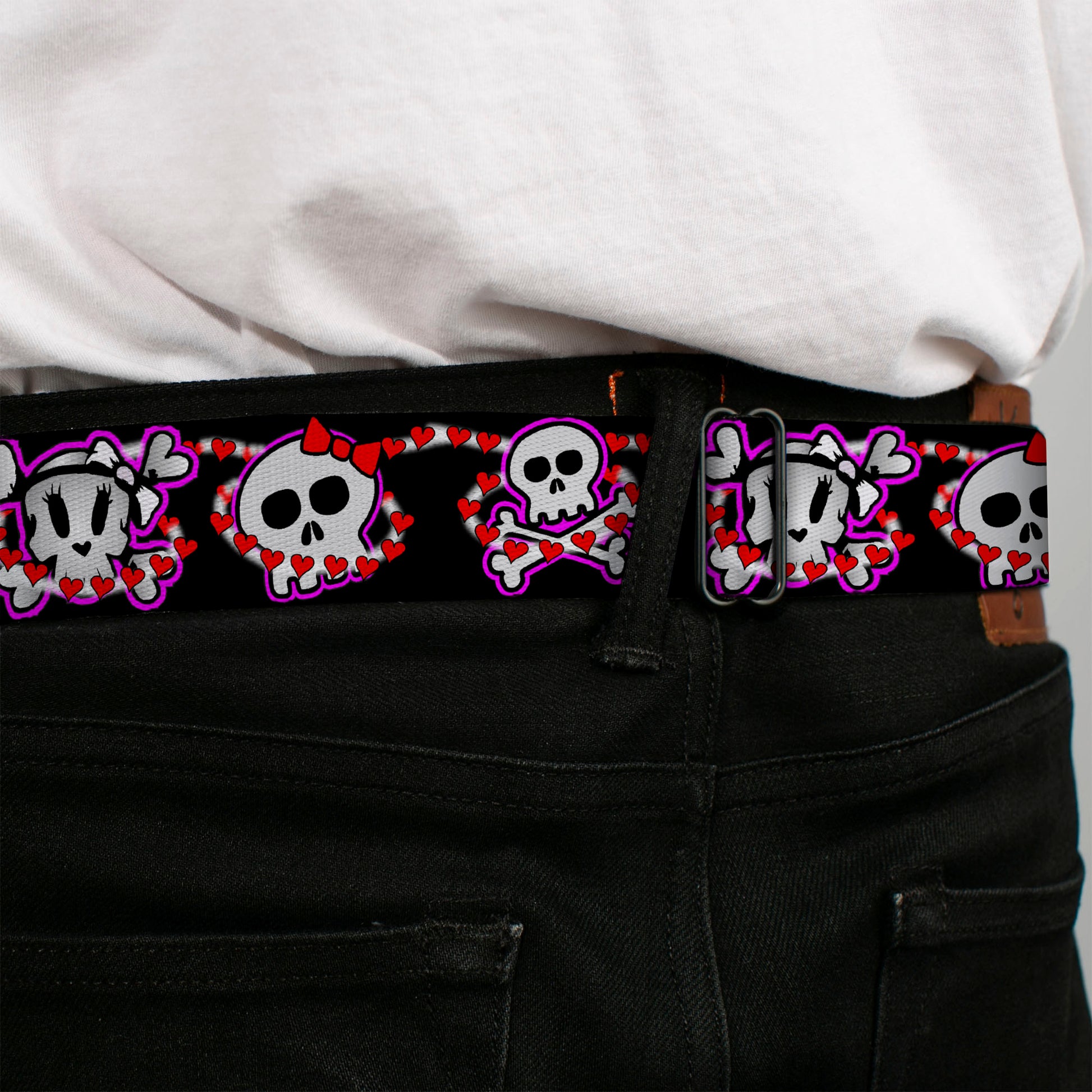 BD Wings Logo CLOSE-UP Full Color Black Silver Seatbelt Belt - Cute Skulls w/Hearts Webbing Seatbelt Belts Buckle-Down