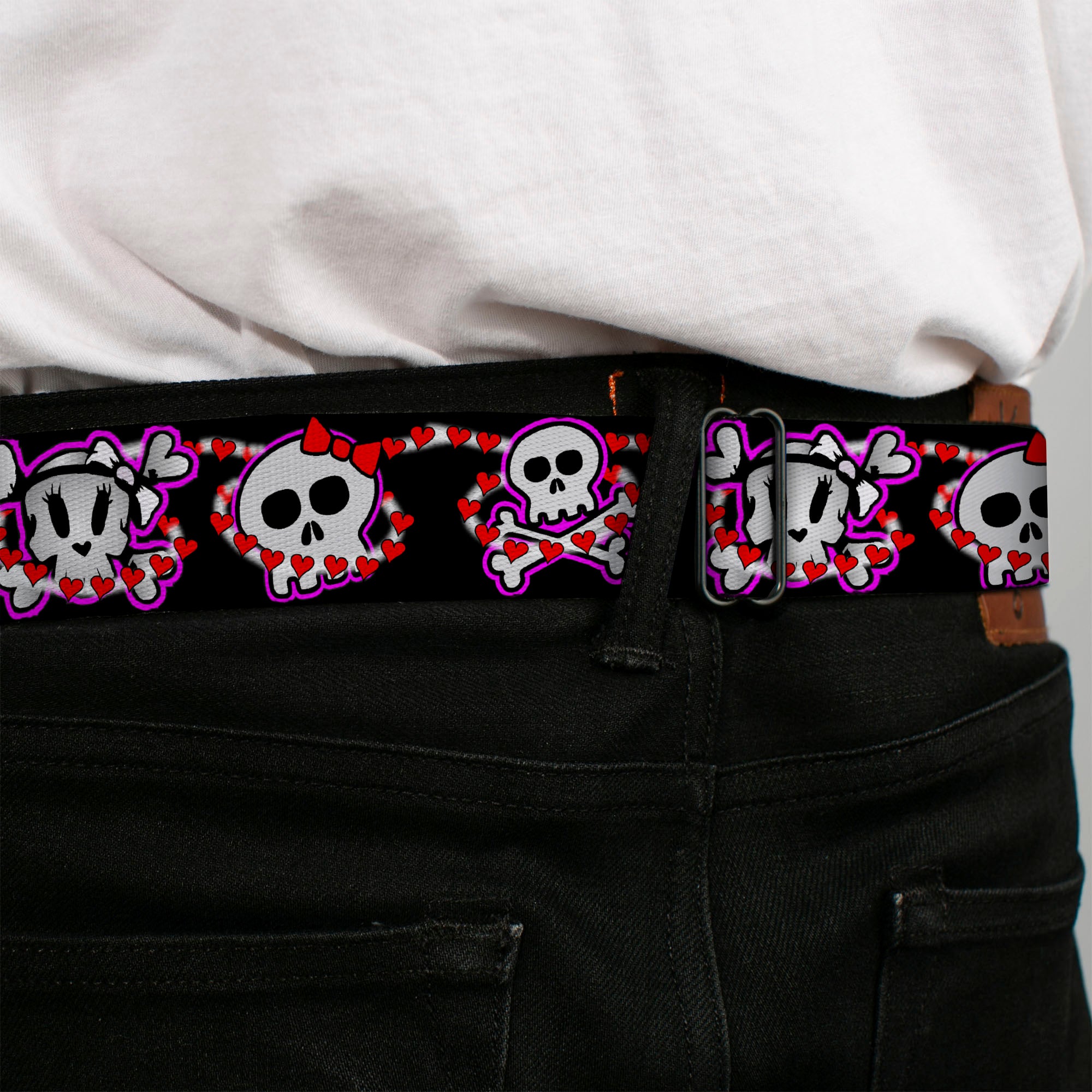BD Wings Logo CLOSE-UP Full Color Black Silver Seatbelt Belt - Cute Skulls w/Hearts Webbing Seatbelt Belts Buckle-Down