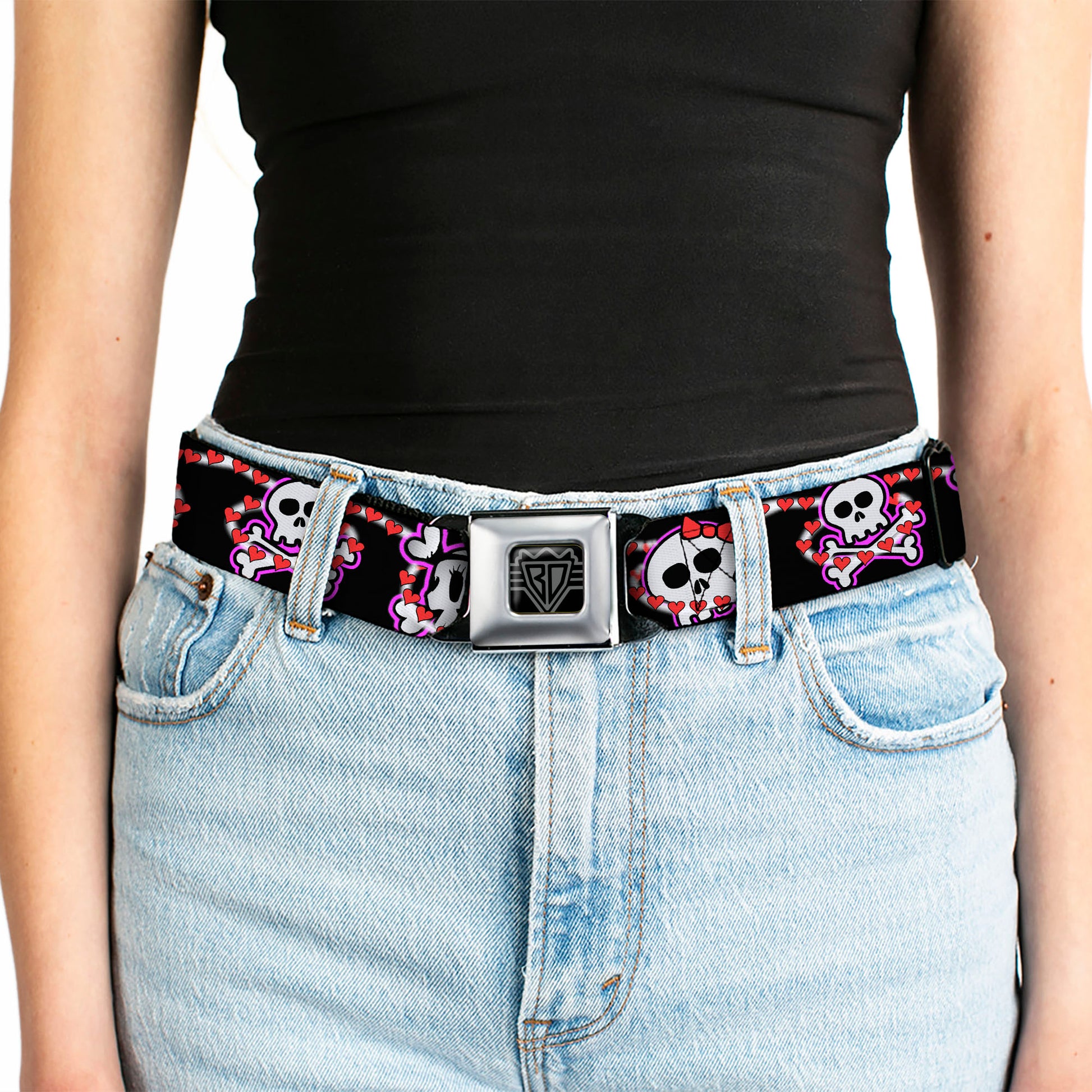BD Wings Logo CLOSE-UP Full Color Black Silver Seatbelt Belt - Cute Skulls w/Hearts Webbing Seatbelt Belts Buckle-Down
