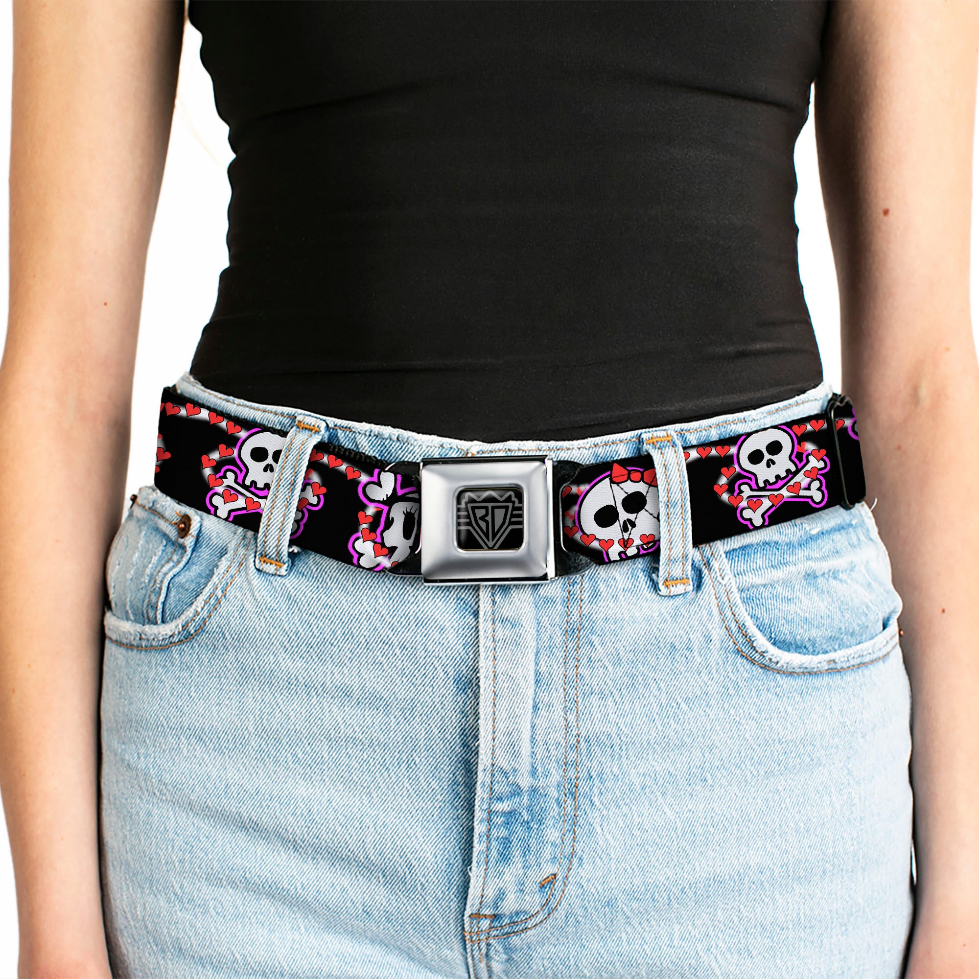 BD Wings Logo CLOSE-UP Full Color Black Silver Seatbelt Belt - Cute Skulls w/Hearts Webbing Seatbelt Belts Buckle-Down