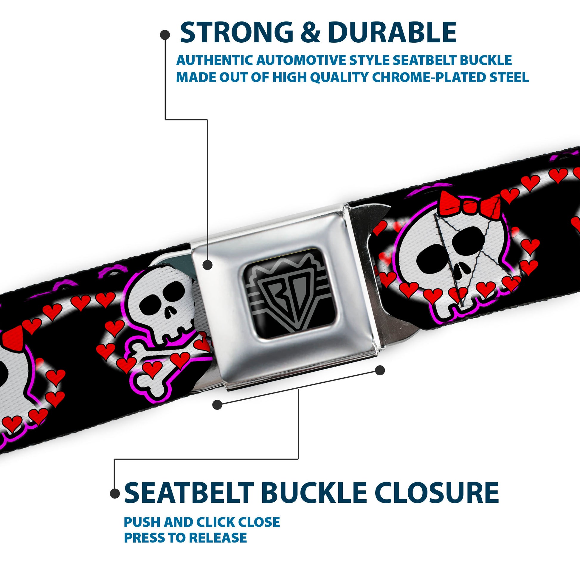BD Wings Logo CLOSE-UP Full Color Black Silver Seatbelt Belt - Cute Skulls w/Hearts Webbing Seatbelt Belts Buckle-Down