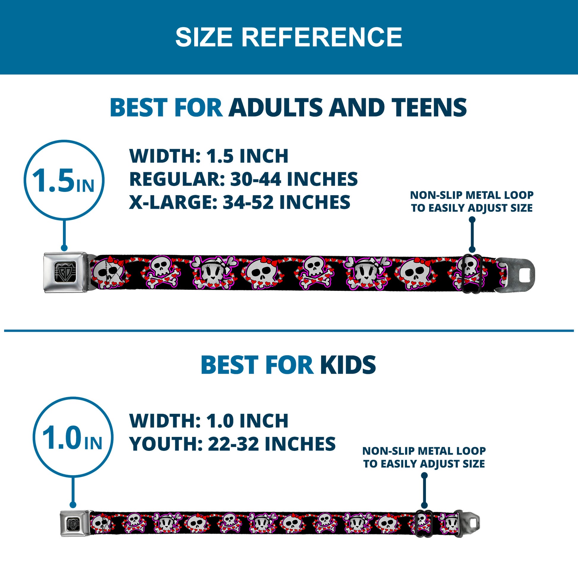 BD Wings Logo CLOSE-UP Full Color Black Silver Seatbelt Belt - Cute Skulls w/Hearts Webbing Seatbelt Belts Buckle-Down