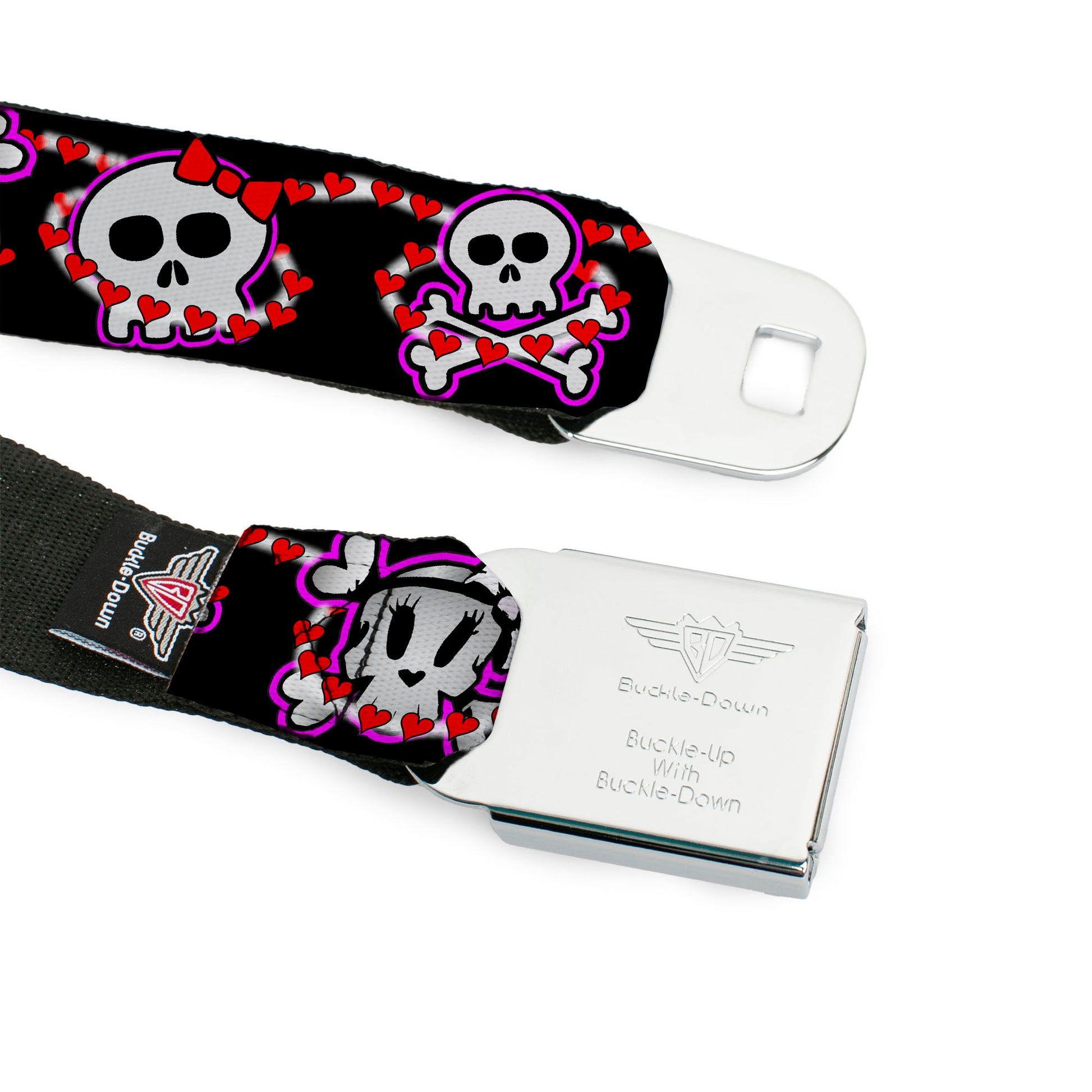 BD Wings Logo CLOSE-UP Full Color Black Silver Seatbelt Belt - Cute Skulls w/Hearts Webbing Seatbelt Belts Buckle-Down