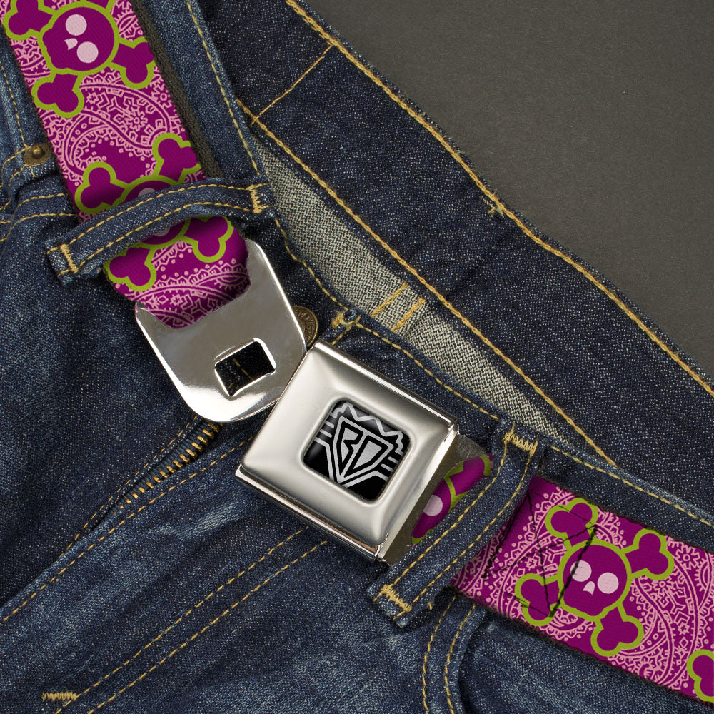 BD Wings Logo CLOSE-UP Full Color Black Silver Seatbelt Belt - Cute Skulls w/Paisley Purple/Pink/Green Webbing Seatbelt Belts Buckle-Down