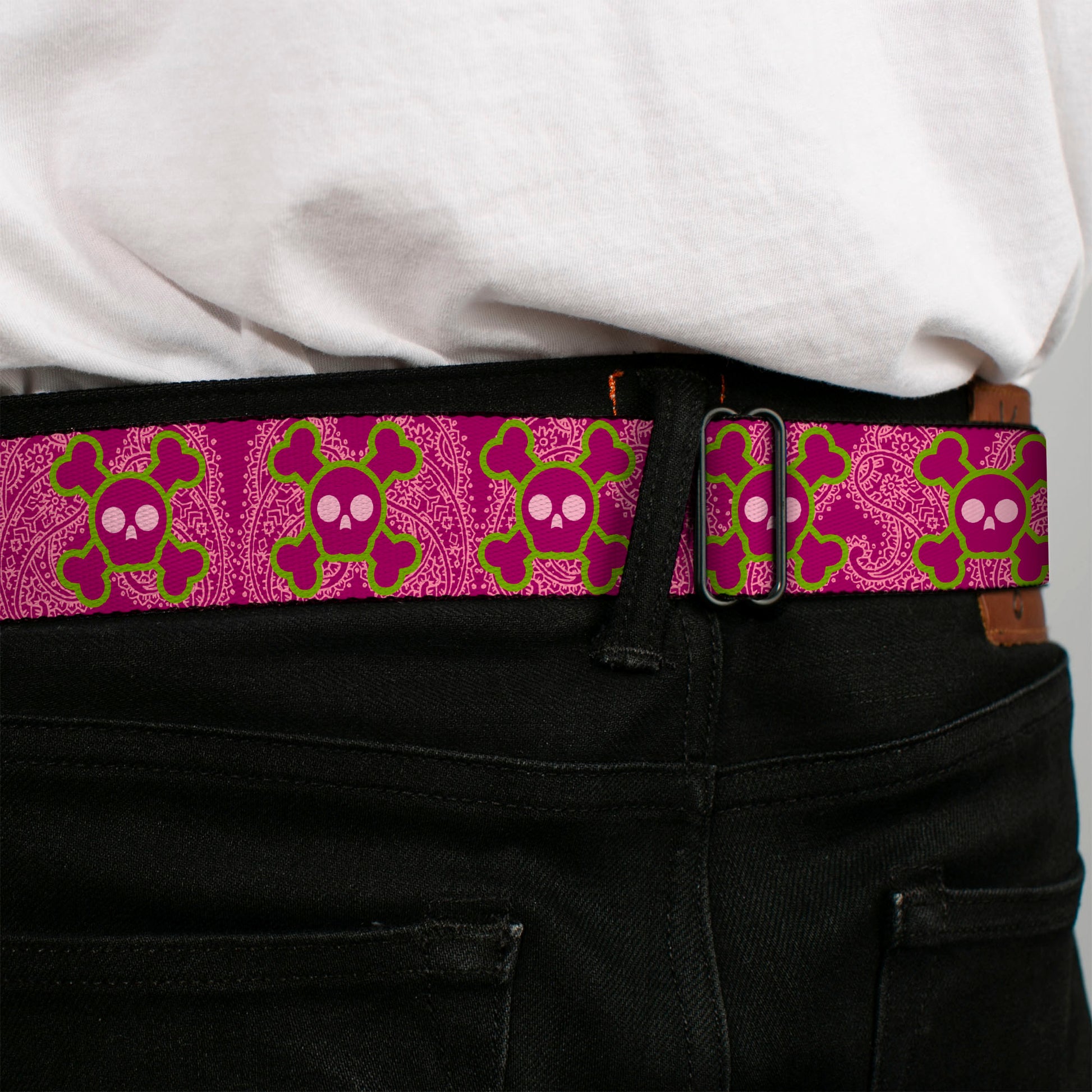 BD Wings Logo CLOSE-UP Full Color Black Silver Seatbelt Belt - Cute Skulls w/Paisley Purple/Pink/Green Webbing Seatbelt Belts Buckle-Down