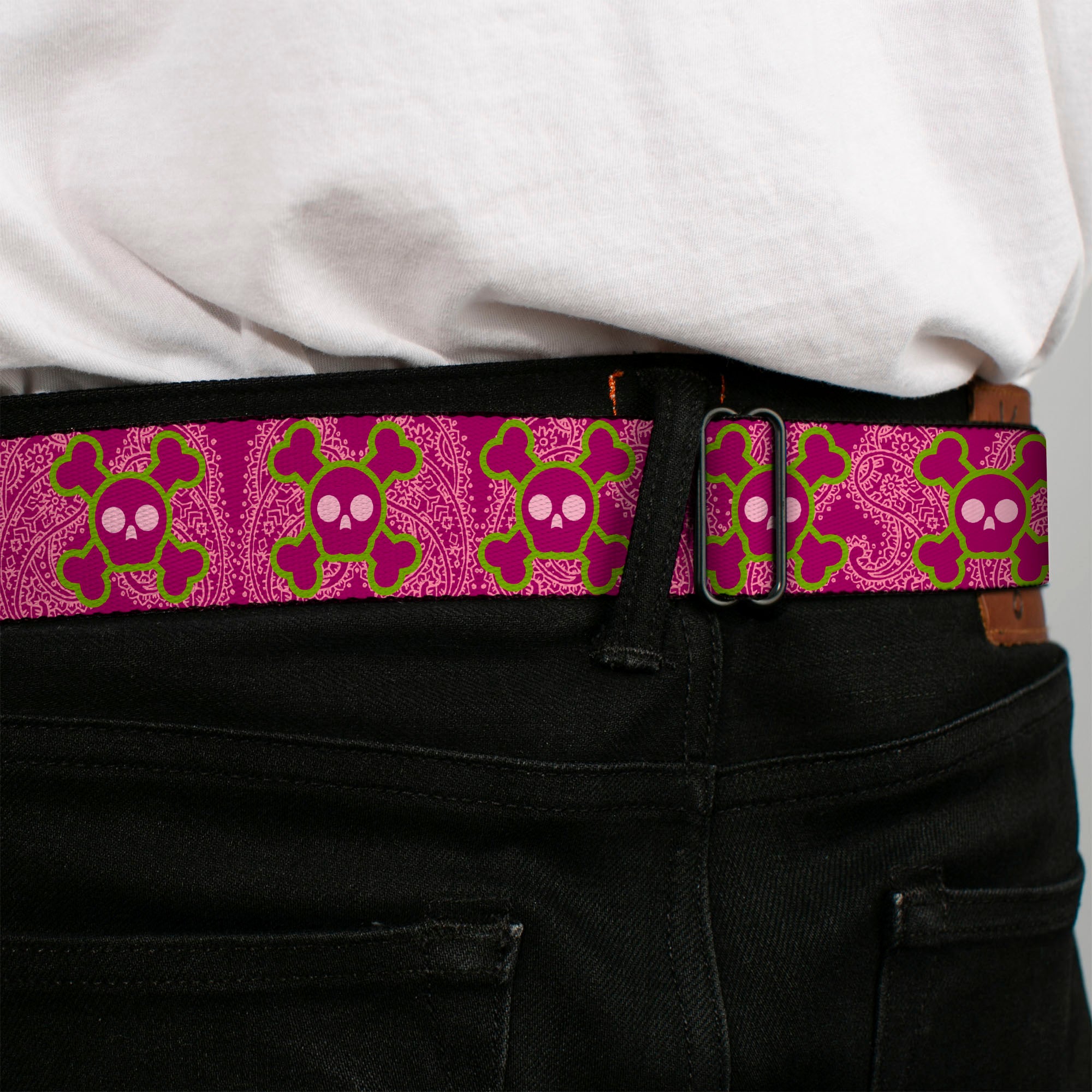 BD Wings Logo CLOSE-UP Full Color Black Silver Seatbelt Belt - Cute Skulls w/Paisley Purple/Pink/Green Webbing Seatbelt Belts Buckle-Down