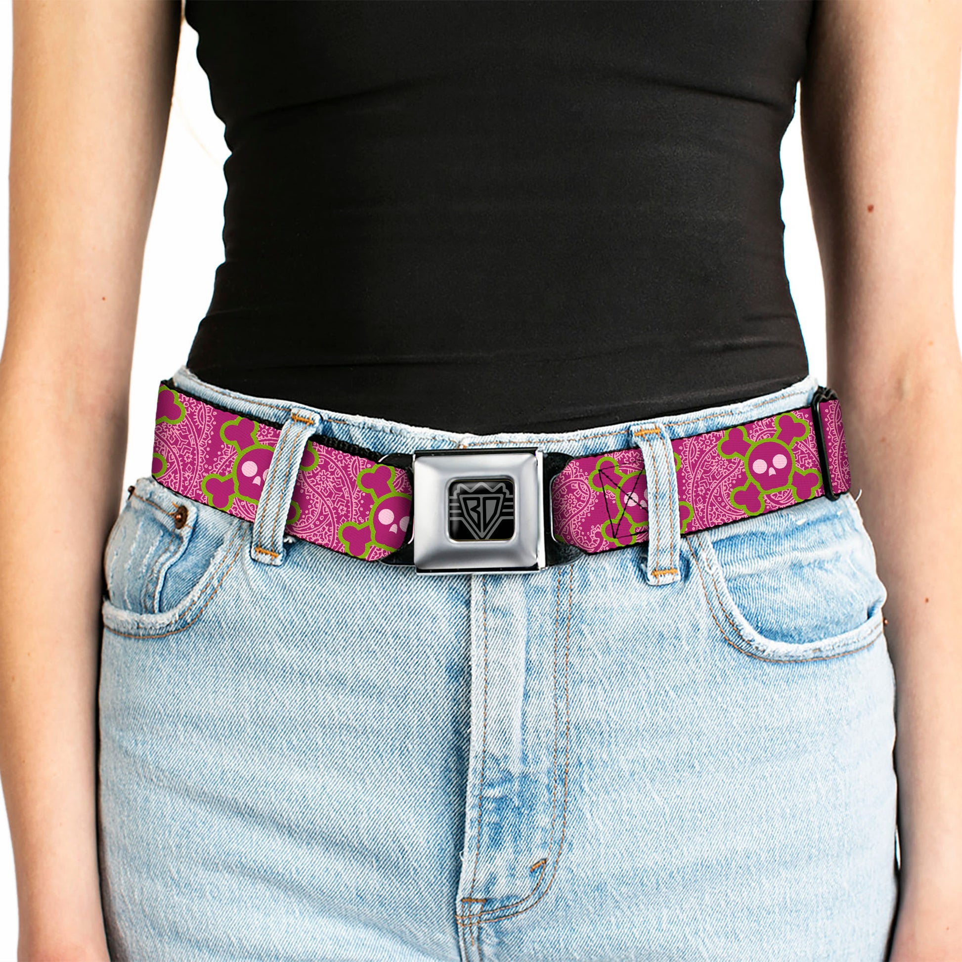 BD Wings Logo CLOSE-UP Full Color Black Silver Seatbelt Belt - Cute Skulls w/Paisley Purple/Pink/Green Webbing Seatbelt Belts Buckle-Down