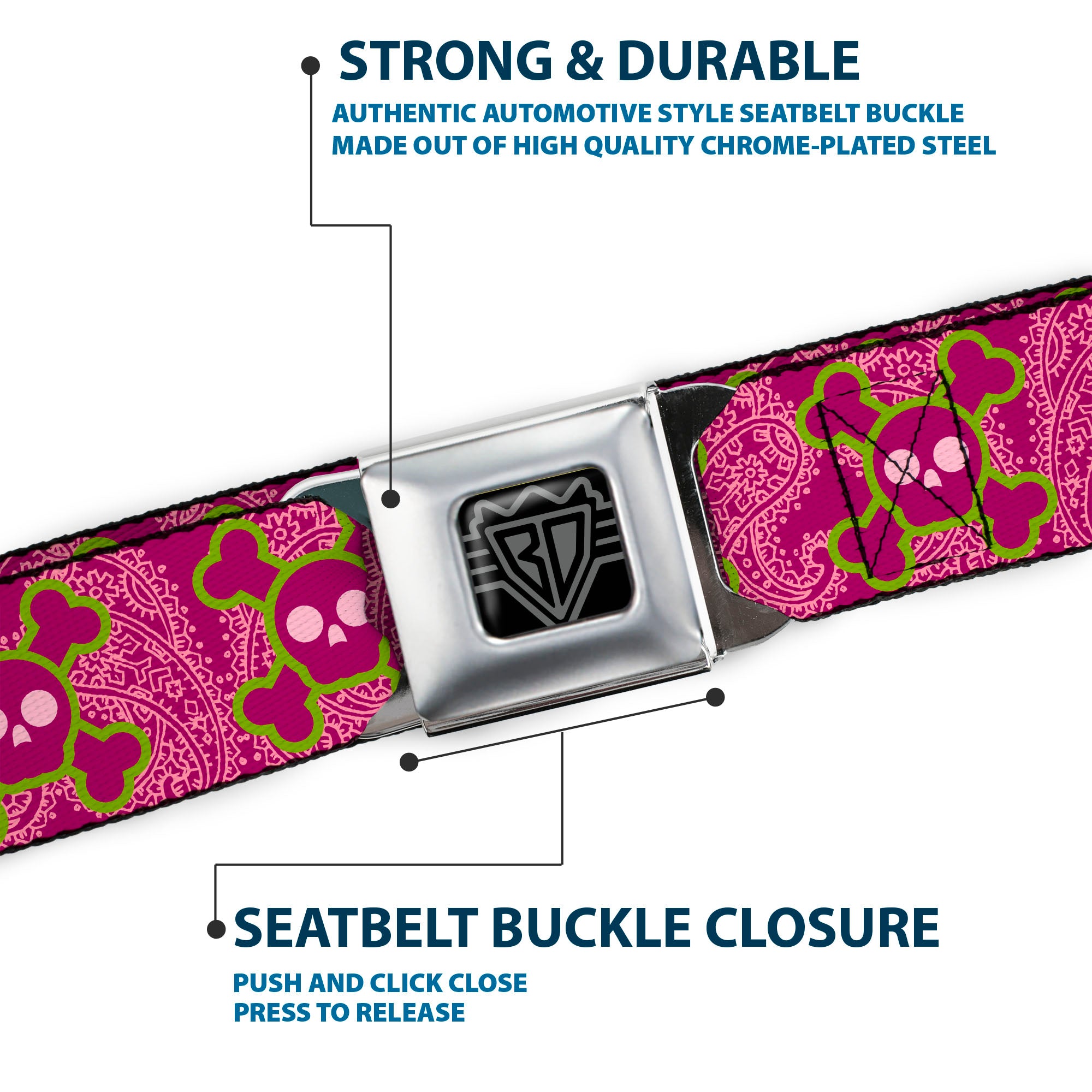 BD Wings Logo CLOSE-UP Full Color Black Silver Seatbelt Belt - Cute Skulls w/Paisley Purple/Pink/Green Webbing Seatbelt Belts Buckle-Down