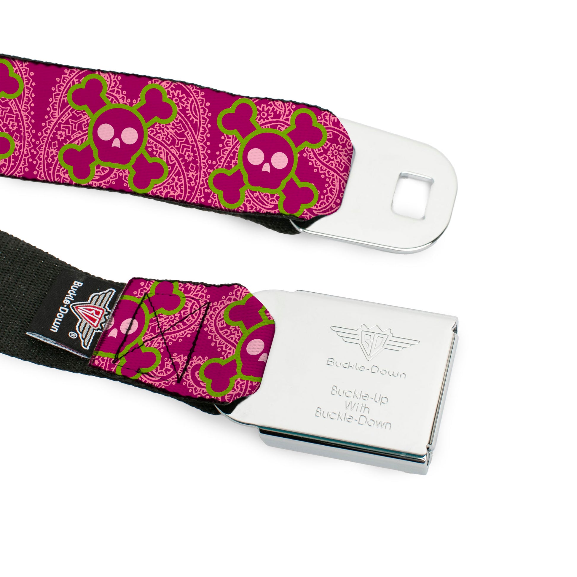 BD Wings Logo CLOSE-UP Full Color Black Silver Seatbelt Belt - Cute Skulls w/Paisley Purple/Pink/Green Webbing Seatbelt Belts Buckle-Down
