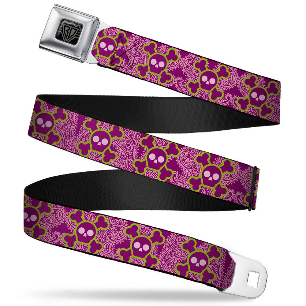 BD Wings Logo CLOSE-UP Full Color Black Silver Seatbelt Belt - Cute Skulls w/Paisley Purple/Pink/Green Webbing Seatbelt Belts Buckle-Down