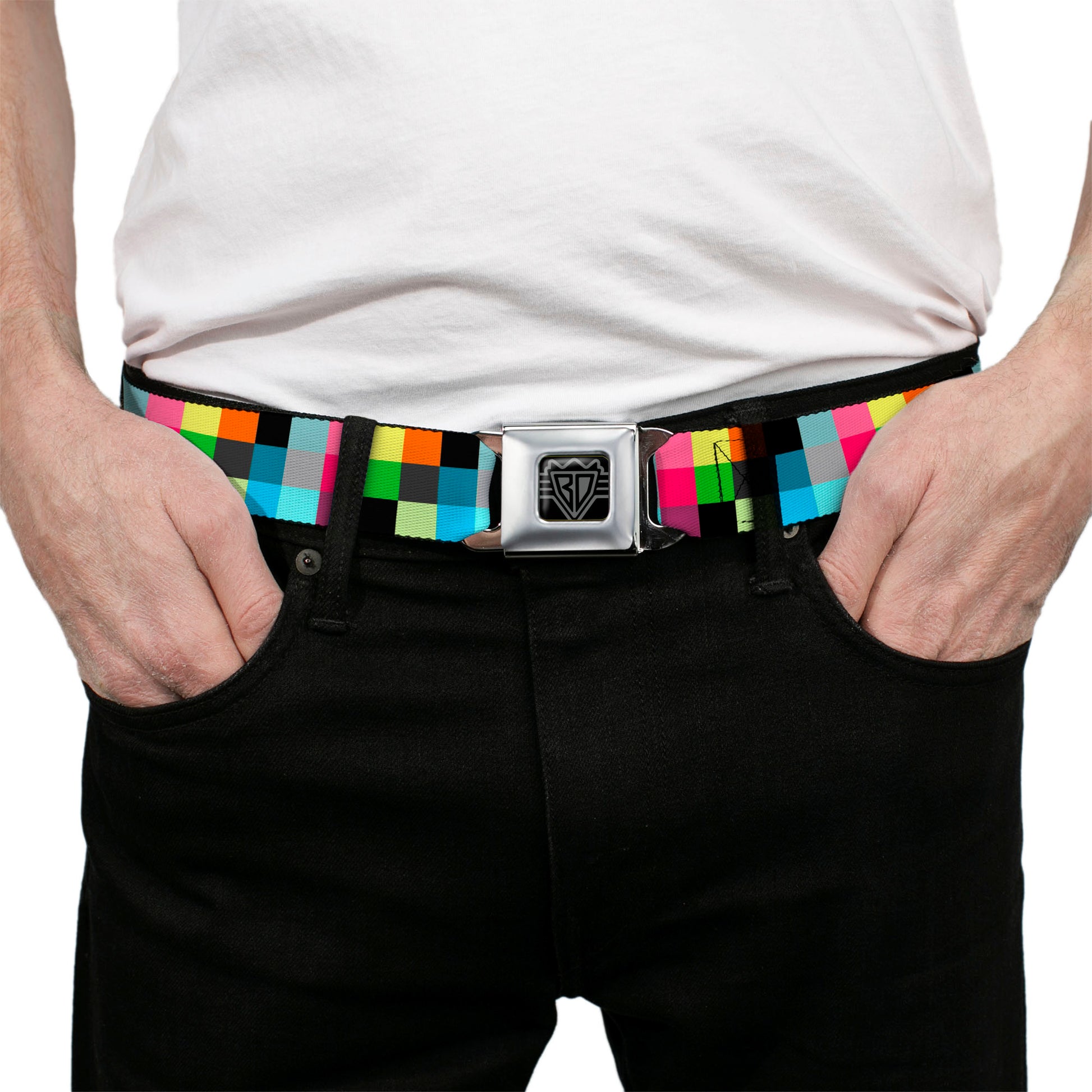 BD Wings Logo CLOSE-UP Full Color Black Silver Seatbelt Belt - Checker Bright Pastel Webbing Seatbelt Belts Buckle-Down