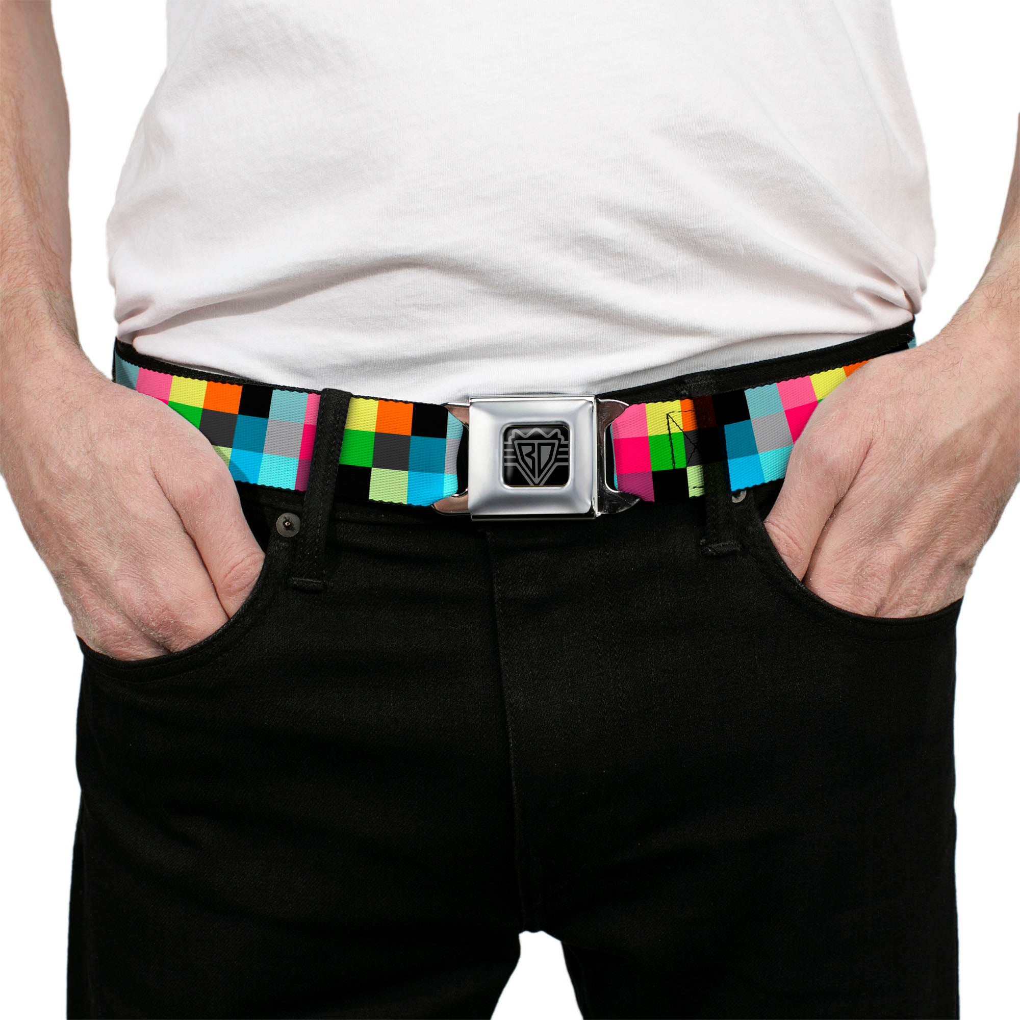 BD Wings Logo CLOSE-UP Full Color Black Silver Seatbelt Belt - Checker Bright Pastel Webbing Seatbelt Belts Buckle-Down