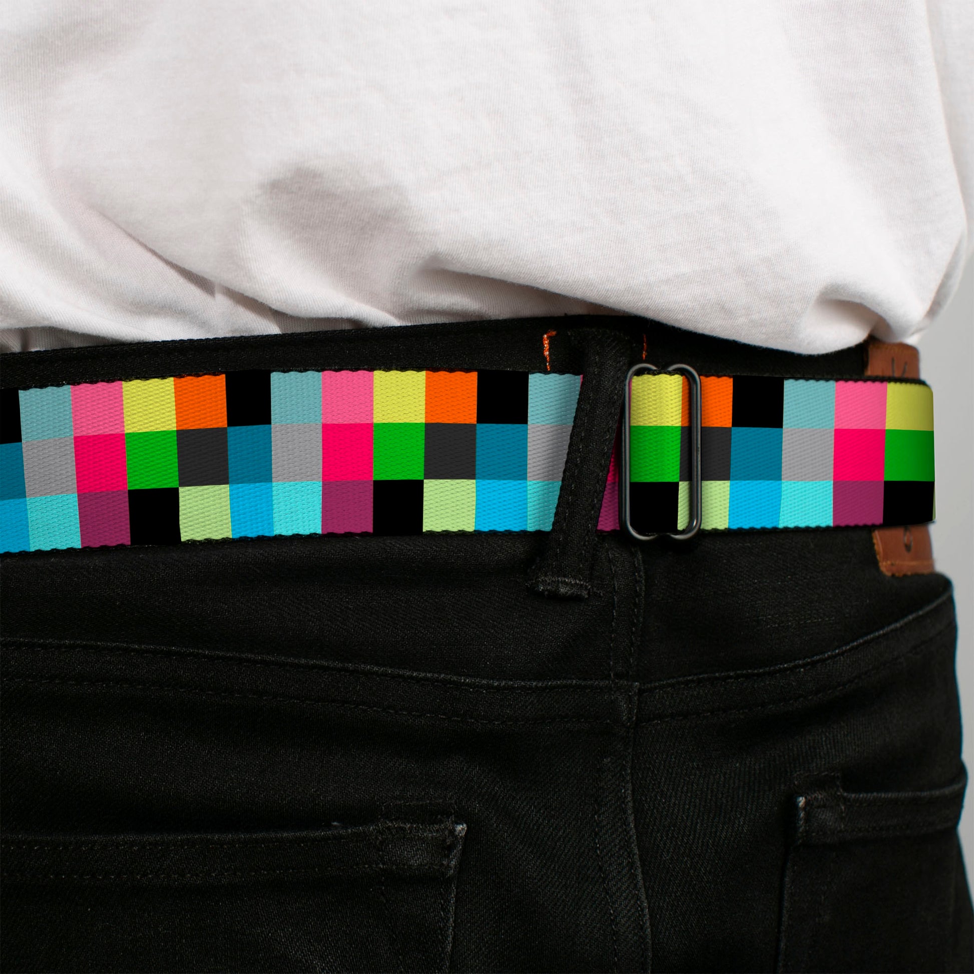 BD Wings Logo CLOSE-UP Full Color Black Silver Seatbelt Belt - Checker Bright Pastel Webbing Seatbelt Belts Buckle-Down