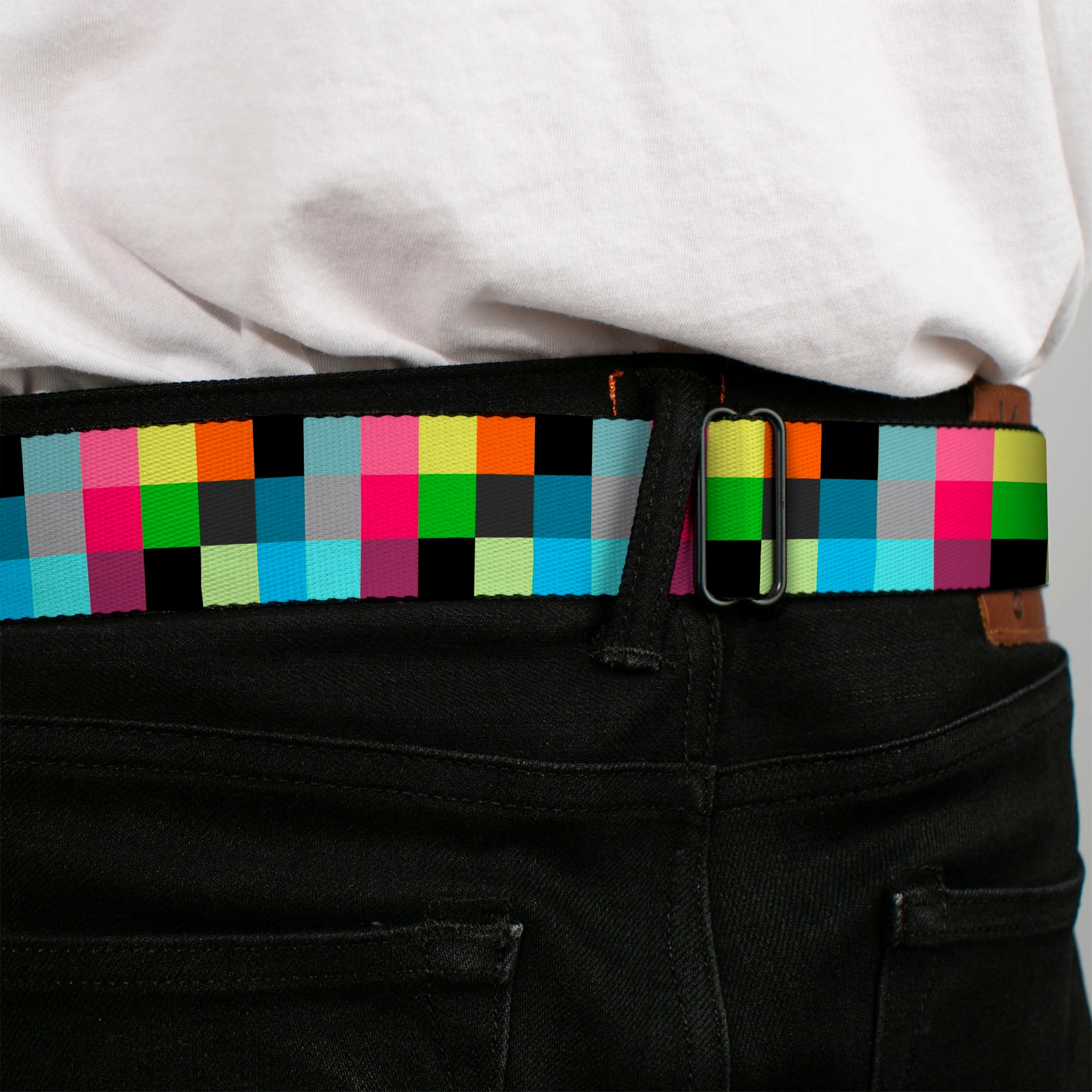 BD Wings Logo CLOSE-UP Full Color Black Silver Seatbelt Belt - Checker Bright Pastel Webbing Seatbelt Belts Buckle-Down