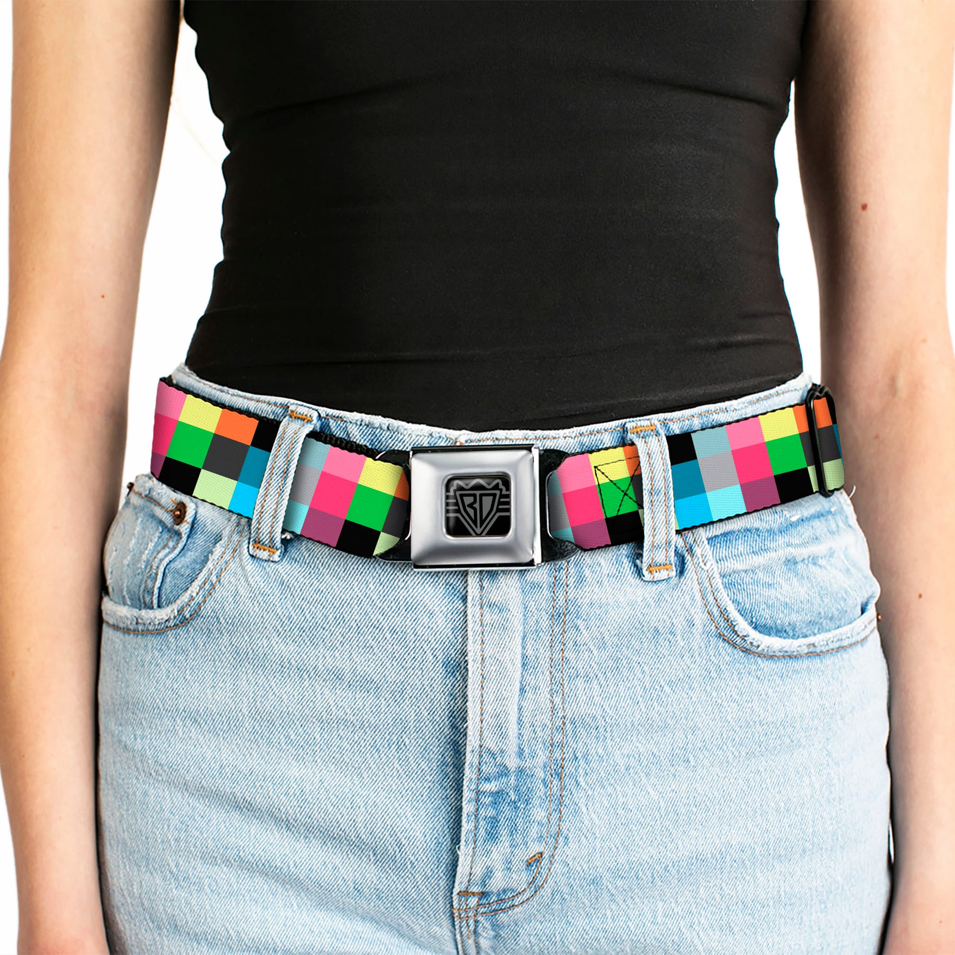 BD Wings Logo CLOSE-UP Full Color Black Silver Seatbelt Belt - Checker Bright Pastel Webbing Seatbelt Belts Buckle-Down