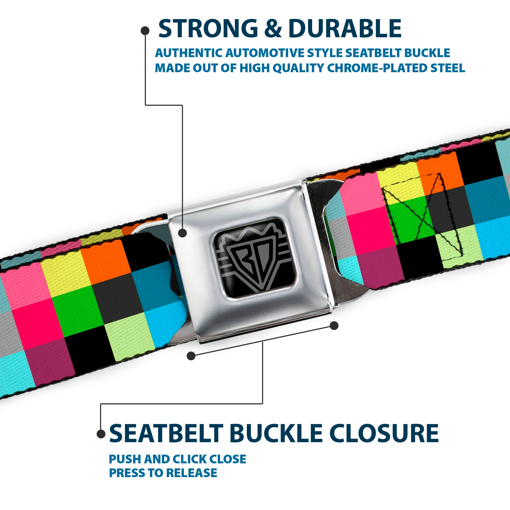 BD Wings Logo CLOSE-UP Full Color Black Silver Seatbelt Belt - Checker Bright Pastel Webbing Seatbelt Belts Buckle-Down