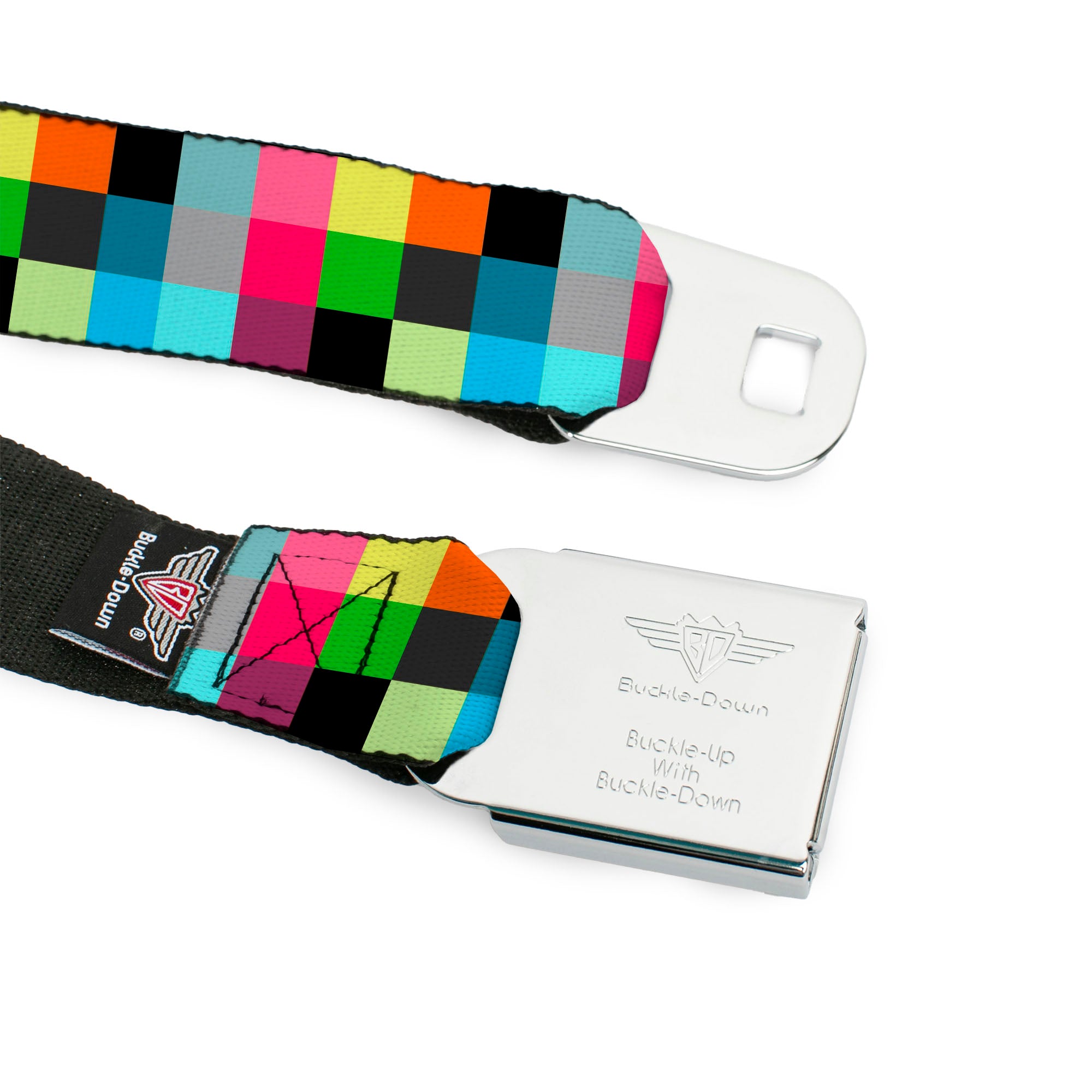BD Wings Logo CLOSE-UP Full Color Black Silver Seatbelt Belt - Checker Bright Pastel Webbing Seatbelt Belts Buckle-Down