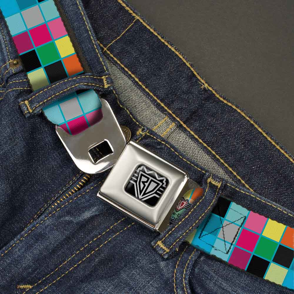 BD Wings Logo CLOSE-UP Full Color Black Silver Seatbelt Belt - Checker Bright Pastel w/Outline Webbing Seatbelt Belts Buckle-Down
