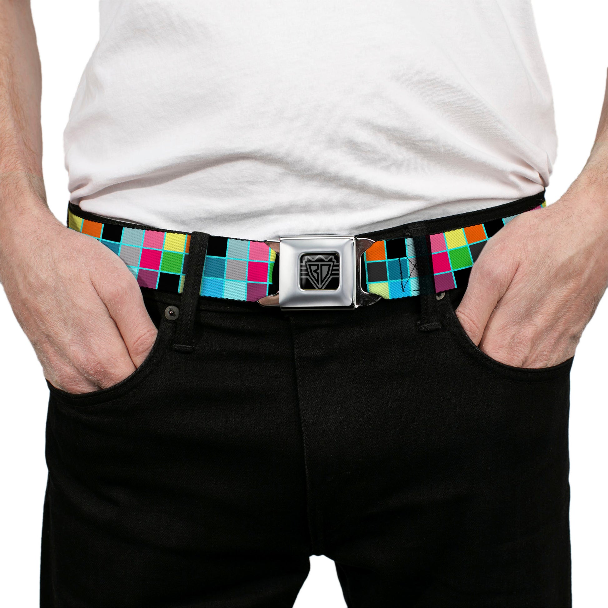 BD Wings Logo CLOSE-UP Full Color Black Silver Seatbelt Belt - Checker Bright Pastel w/Outline Webbing Seatbelt Belts Buckle-Down