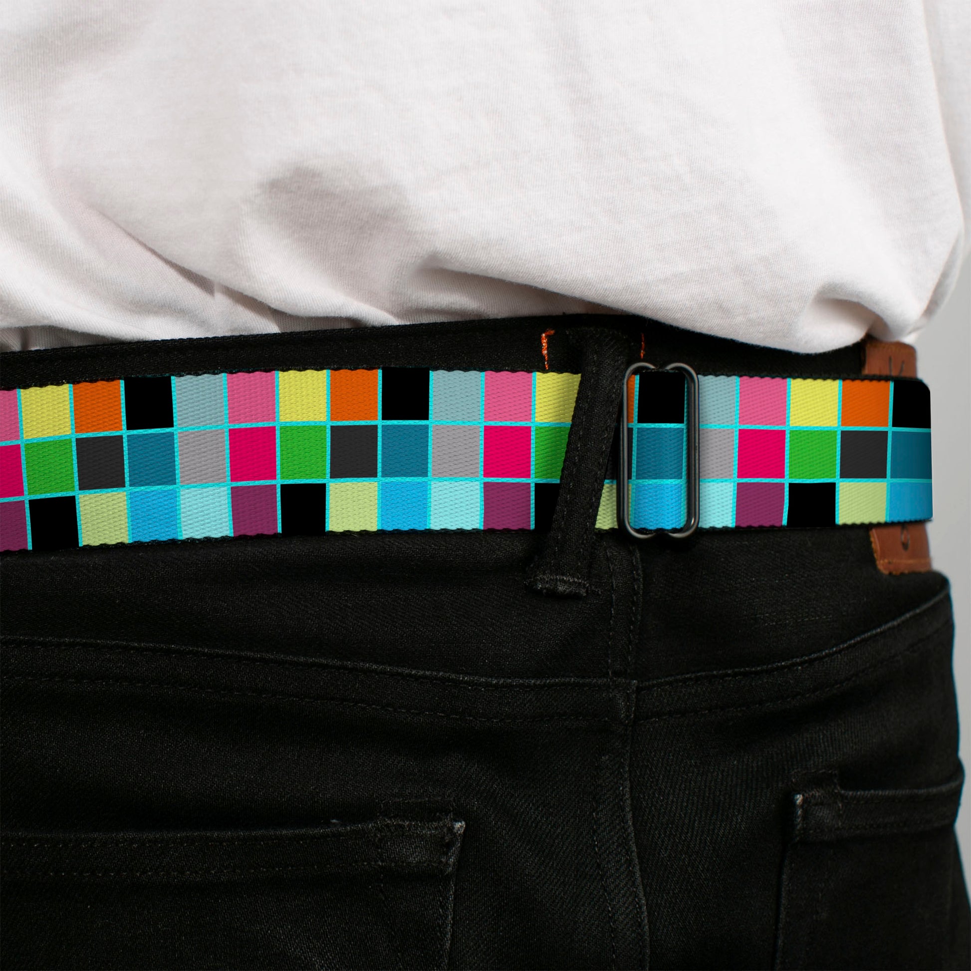 BD Wings Logo CLOSE-UP Full Color Black Silver Seatbelt Belt - Checker Bright Pastel w/Outline Webbing Seatbelt Belts Buckle-Down