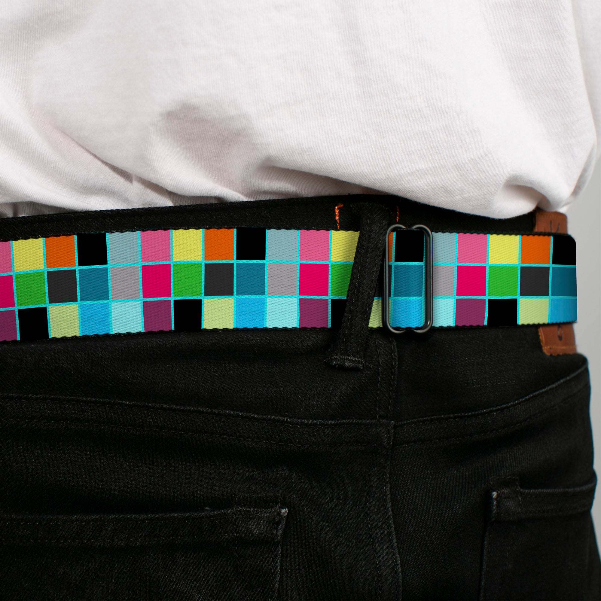BD Wings Logo CLOSE-UP Full Color Black Silver Seatbelt Belt - Checker Bright Pastel w/Outline Webbing Seatbelt Belts Buckle-Down