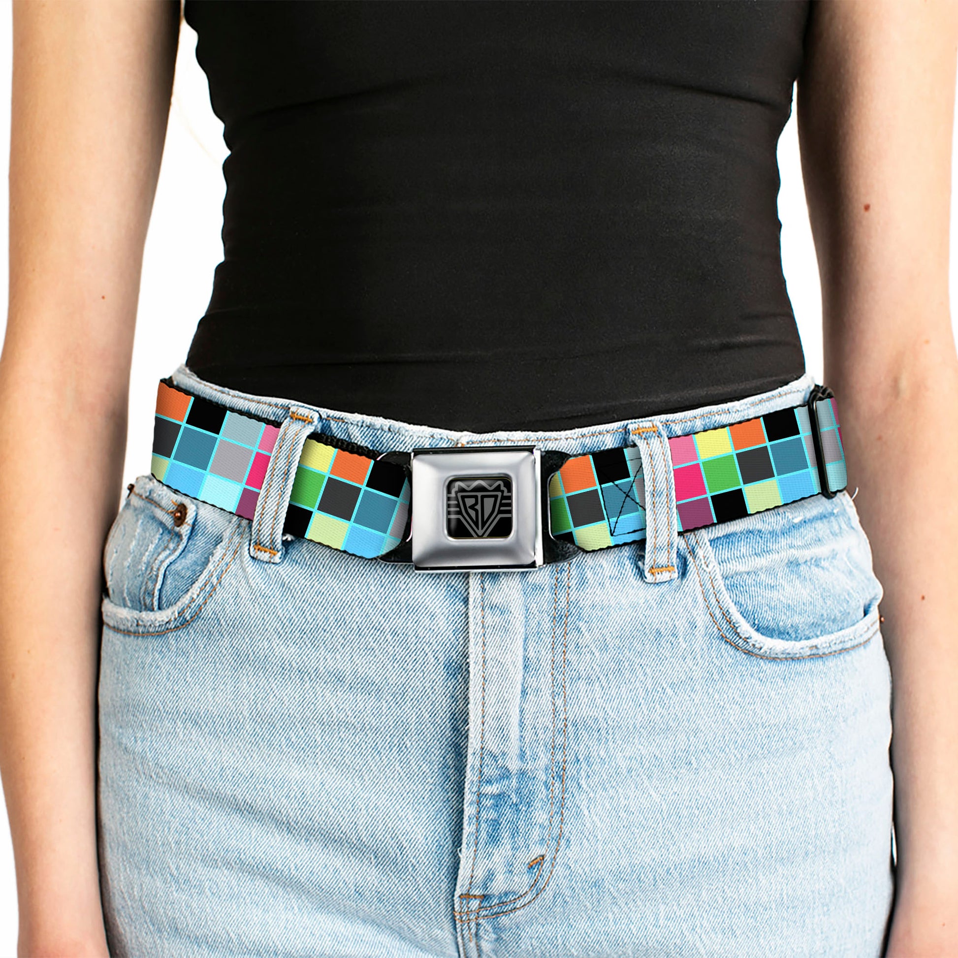 BD Wings Logo CLOSE-UP Full Color Black Silver Seatbelt Belt - Checker Bright Pastel w/Outline Webbing Seatbelt Belts Buckle-Down