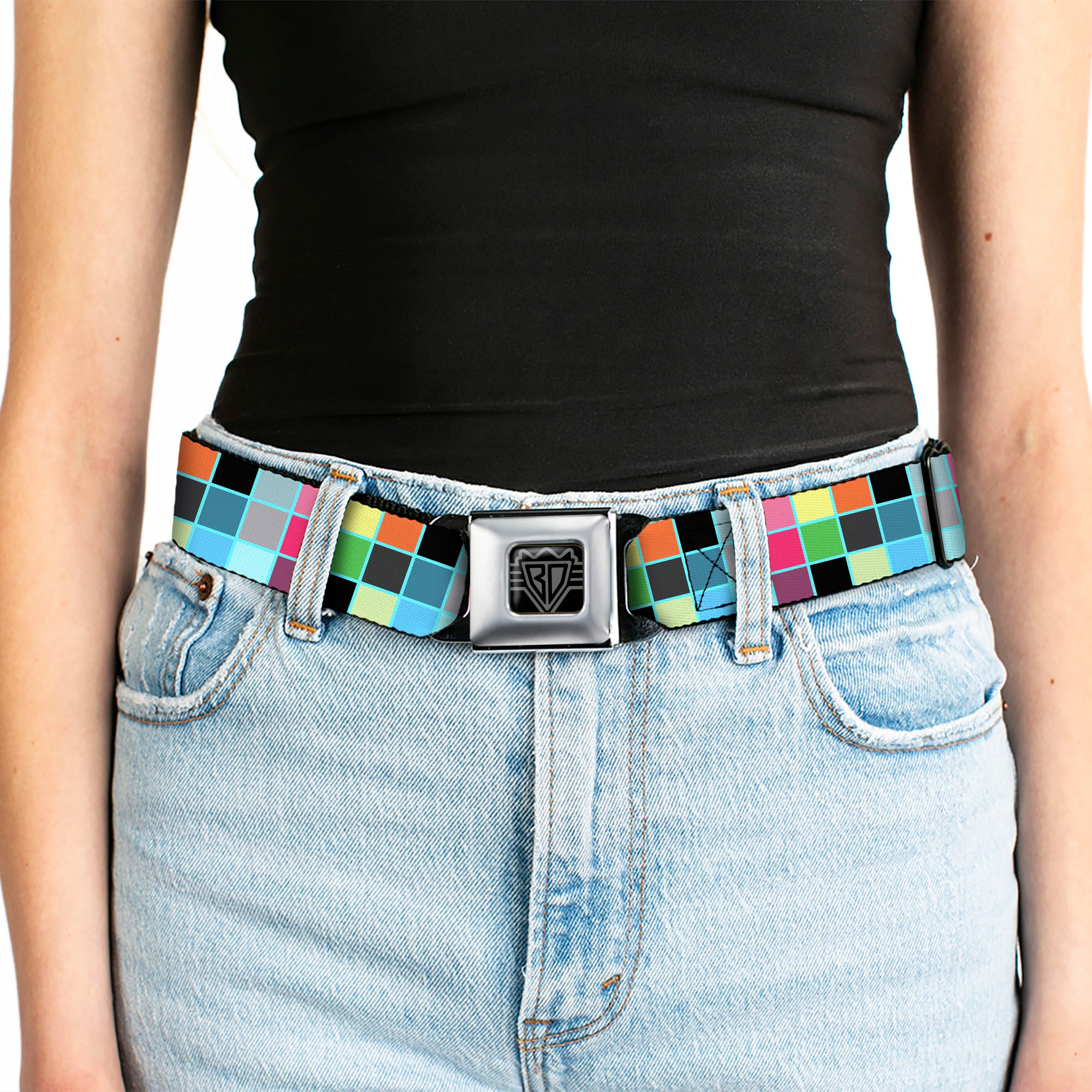 BD Wings Logo CLOSE-UP Full Color Black Silver Seatbelt Belt - Checker Bright Pastel w/Outline Webbing Seatbelt Belts Buckle-Down