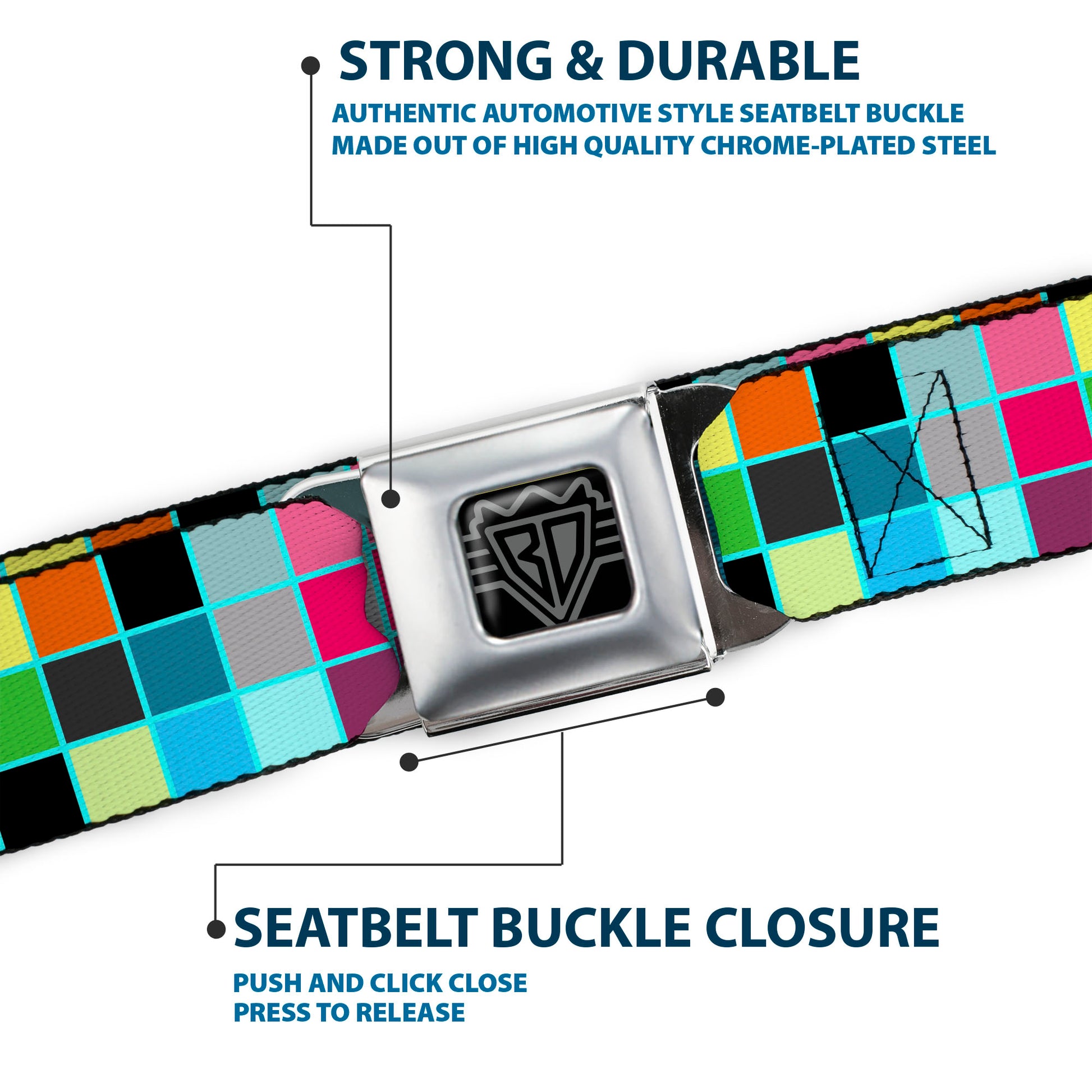 BD Wings Logo CLOSE-UP Full Color Black Silver Seatbelt Belt - Checker Bright Pastel w/Outline Webbing Seatbelt Belts Buckle-Down