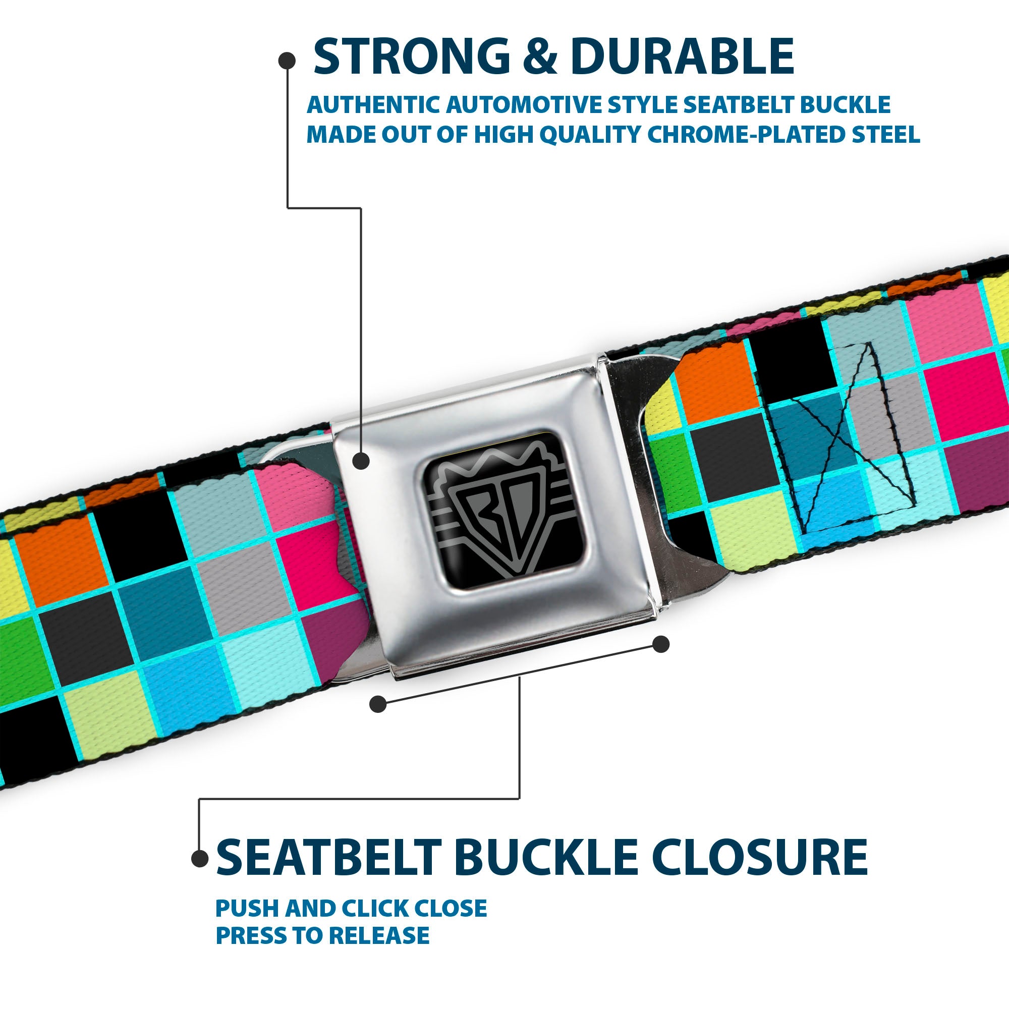 BD Wings Logo CLOSE-UP Full Color Black Silver Seatbelt Belt - Checker Bright Pastel w/Outline Webbing Seatbelt Belts Buckle-Down