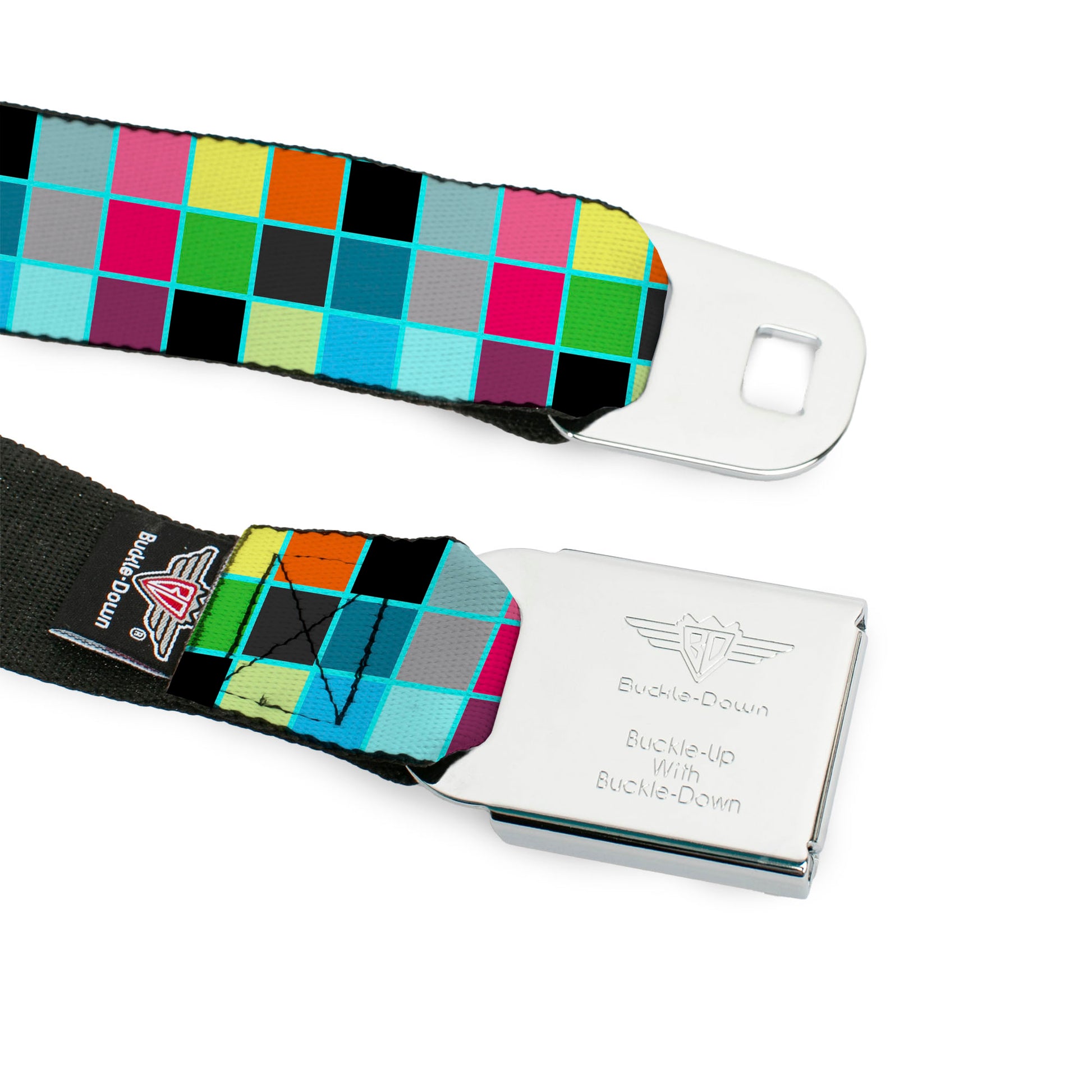 BD Wings Logo CLOSE-UP Full Color Black Silver Seatbelt Belt - Checker Bright Pastel w/Outline Webbing Seatbelt Belts Buckle-Down