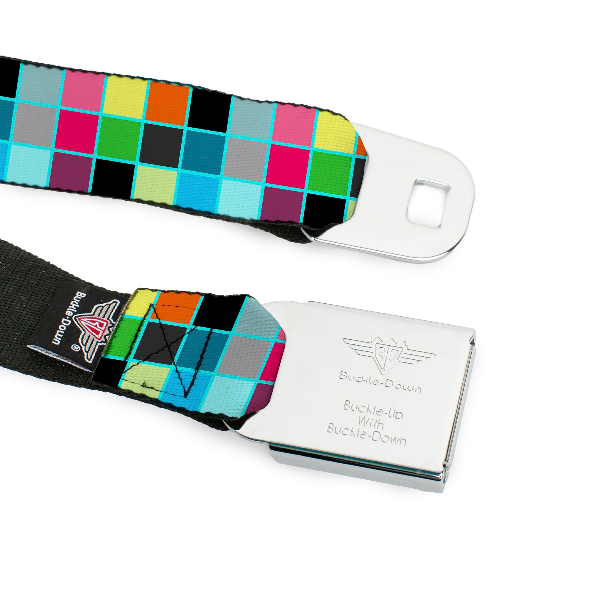 BD Wings Logo CLOSE-UP Full Color Black Silver Seatbelt Belt - Checker Bright Pastel w/Outline Webbing Seatbelt Belts Buckle-Down