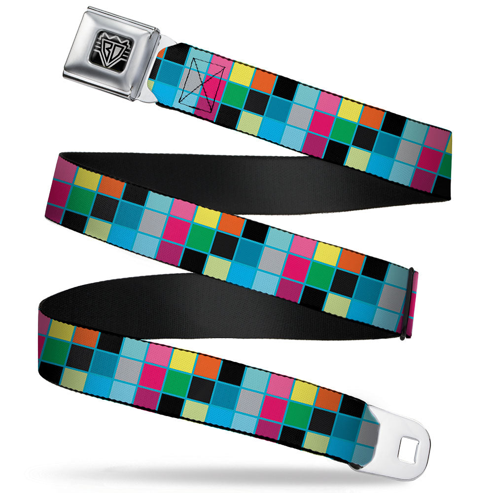 BD Wings Logo CLOSE-UP Full Color Black Silver Seatbelt Belt - Checker Bright Pastel w/Outline Webbing Seatbelt Belts Buckle-Down