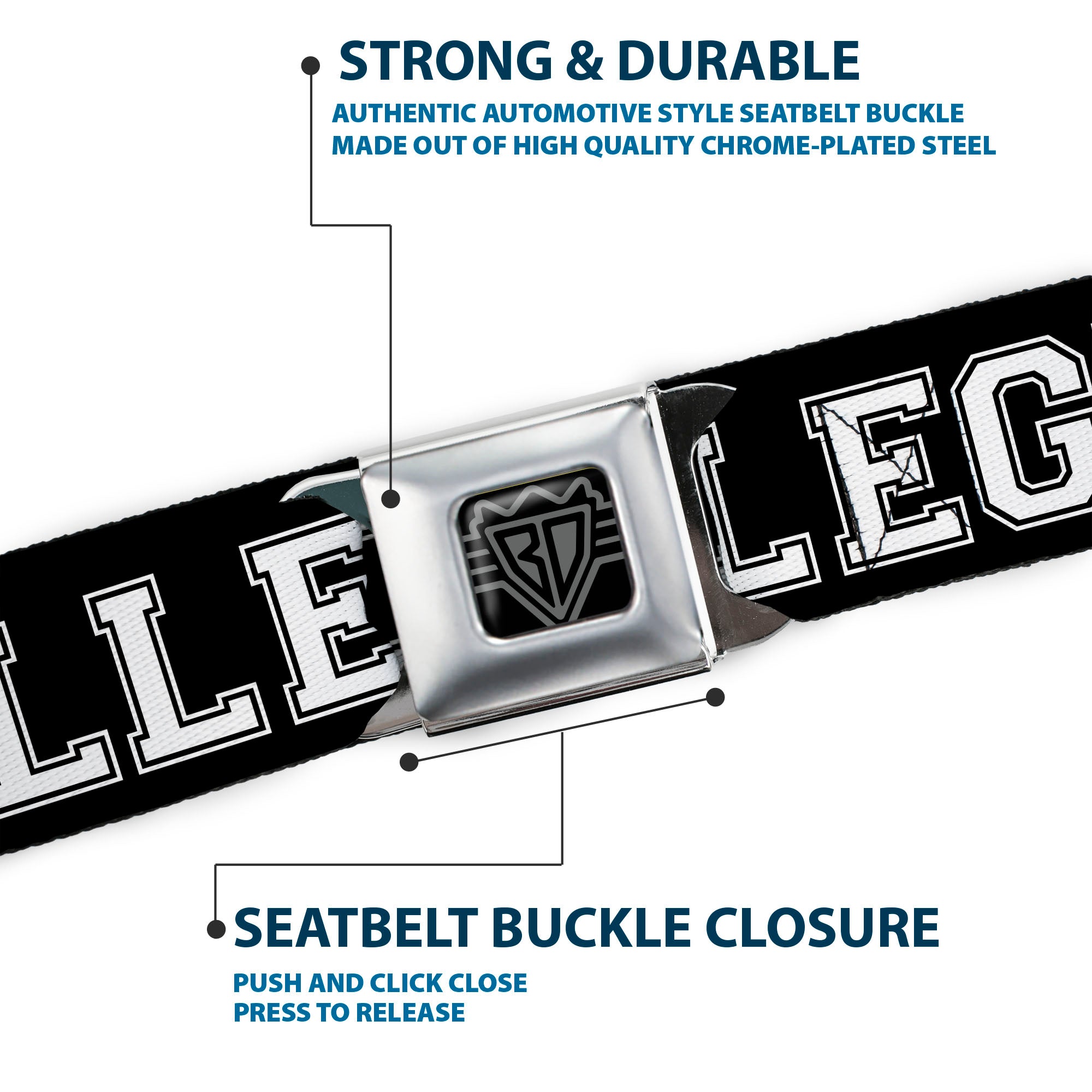 BD Wings Logo CLOSE-UP Full Color Black Silver Seatbelt Belt - COLLEGE Black/White Webbing Seatbelt Belts Buckle-Down