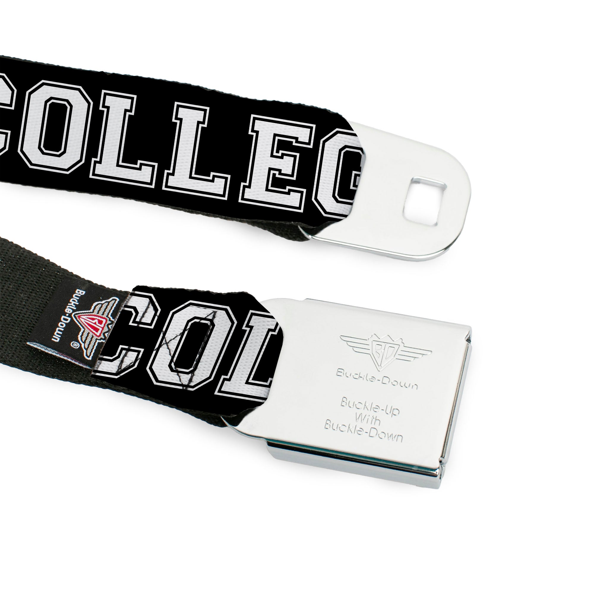 BD Wings Logo CLOSE-UP Full Color Black Silver Seatbelt Belt - COLLEGE Black/White Webbing Seatbelt Belts Buckle-Down