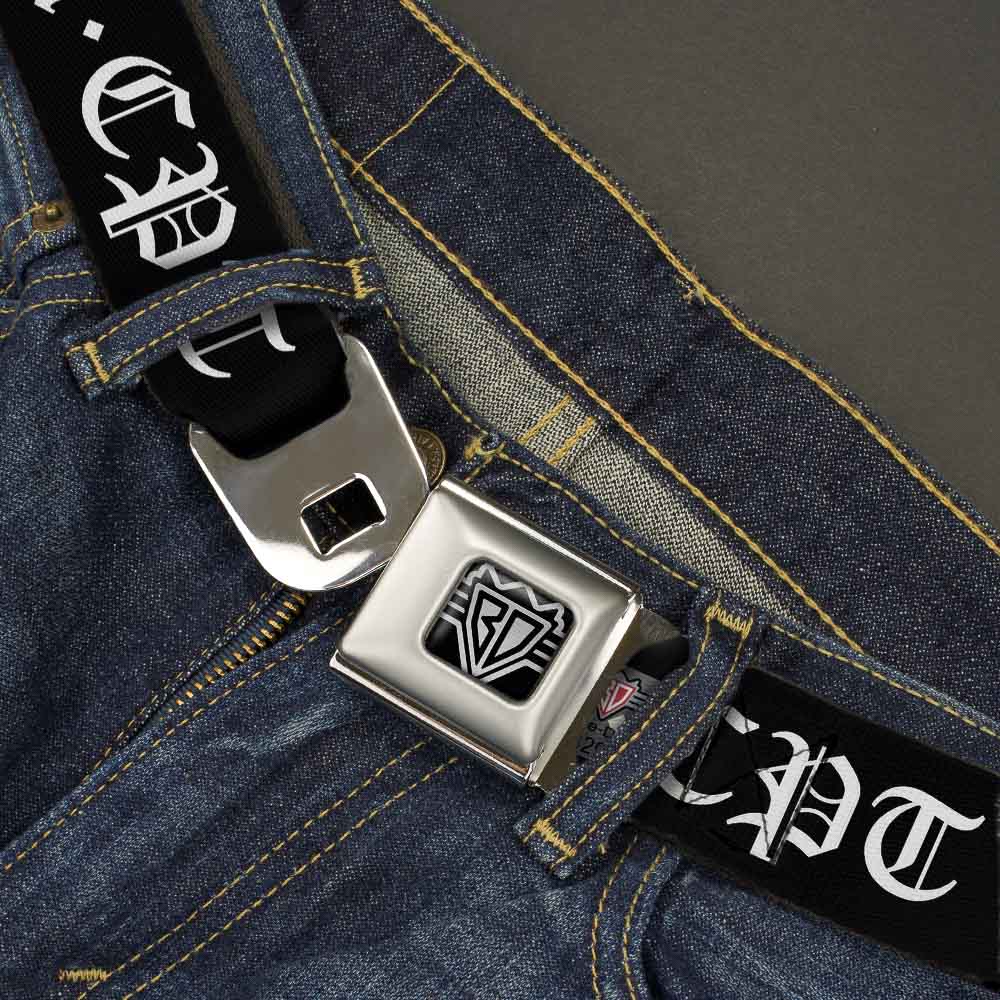 BD Wings Logo CLOSE-UP Full Color Black Silver Seatbelt Belt - COMPTON-CPT Black/White Webbing Seatbelt Belts Buckle-Down