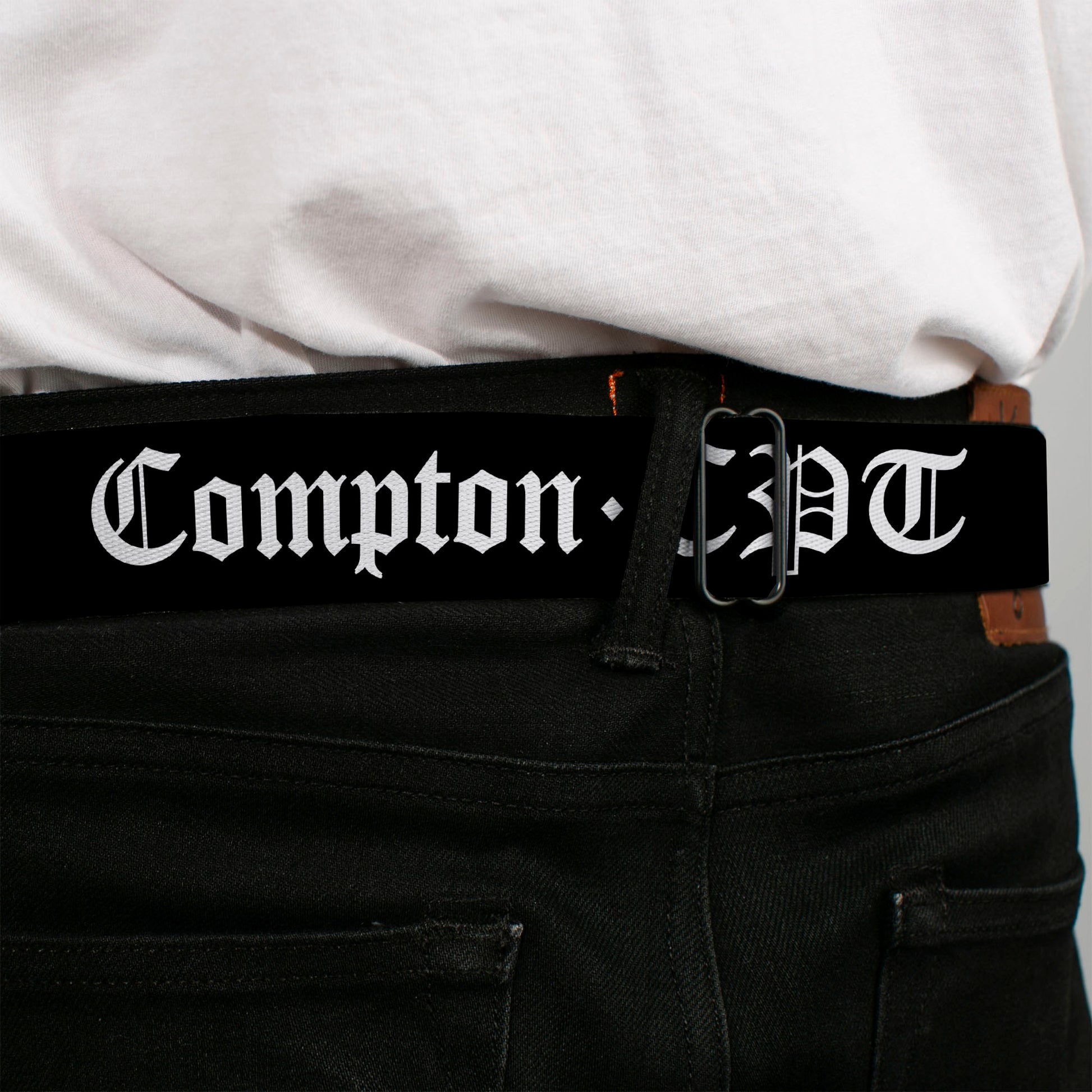 BD Wings Logo CLOSE-UP Full Color Black Silver Seatbelt Belt - COMPTON-CPT Black/White Webbing Seatbelt Belts Buckle-Down