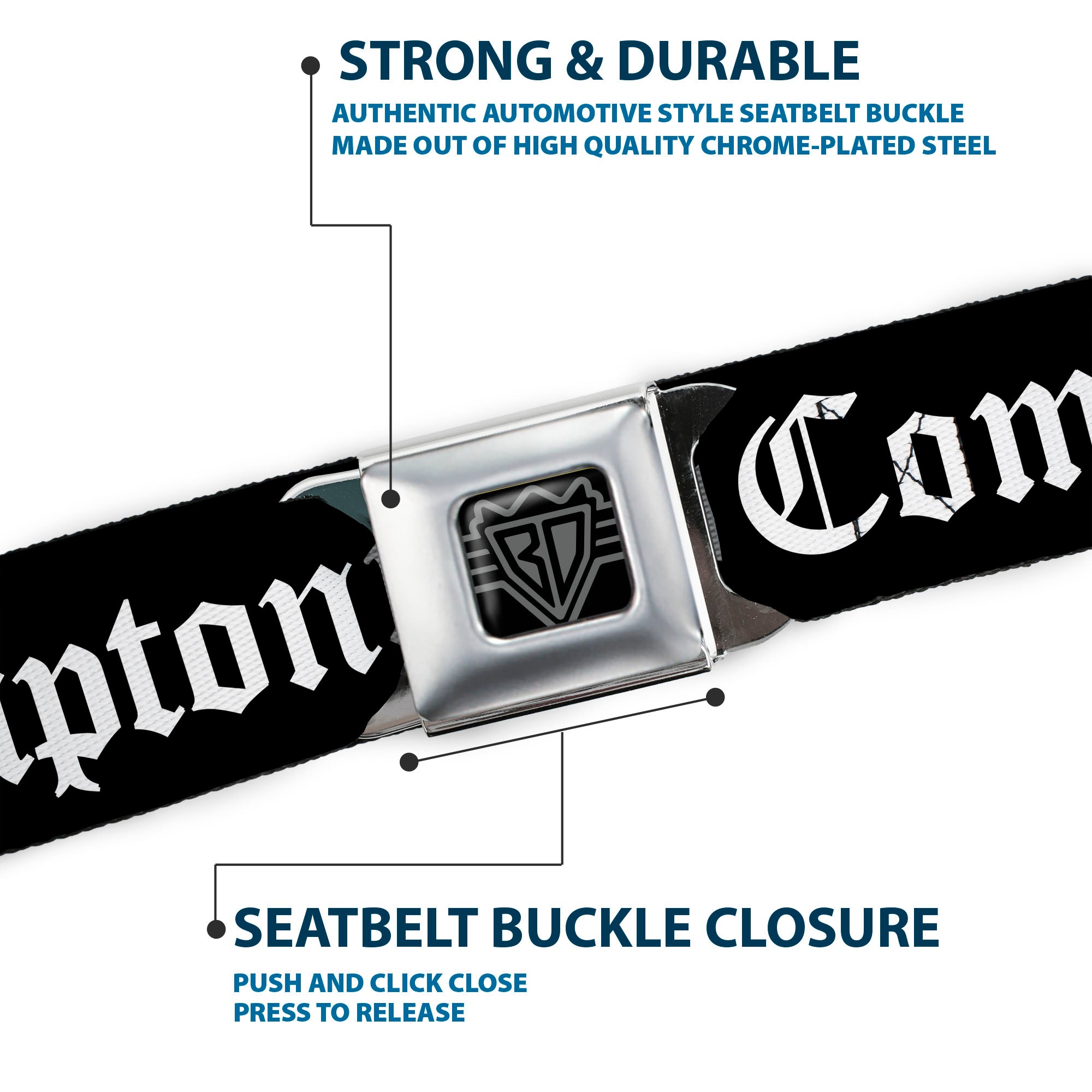BD Wings Logo CLOSE-UP Full Color Black Silver Seatbelt Belt - COMPTON-CPT Black/White Webbing Seatbelt Belts Buckle-Down