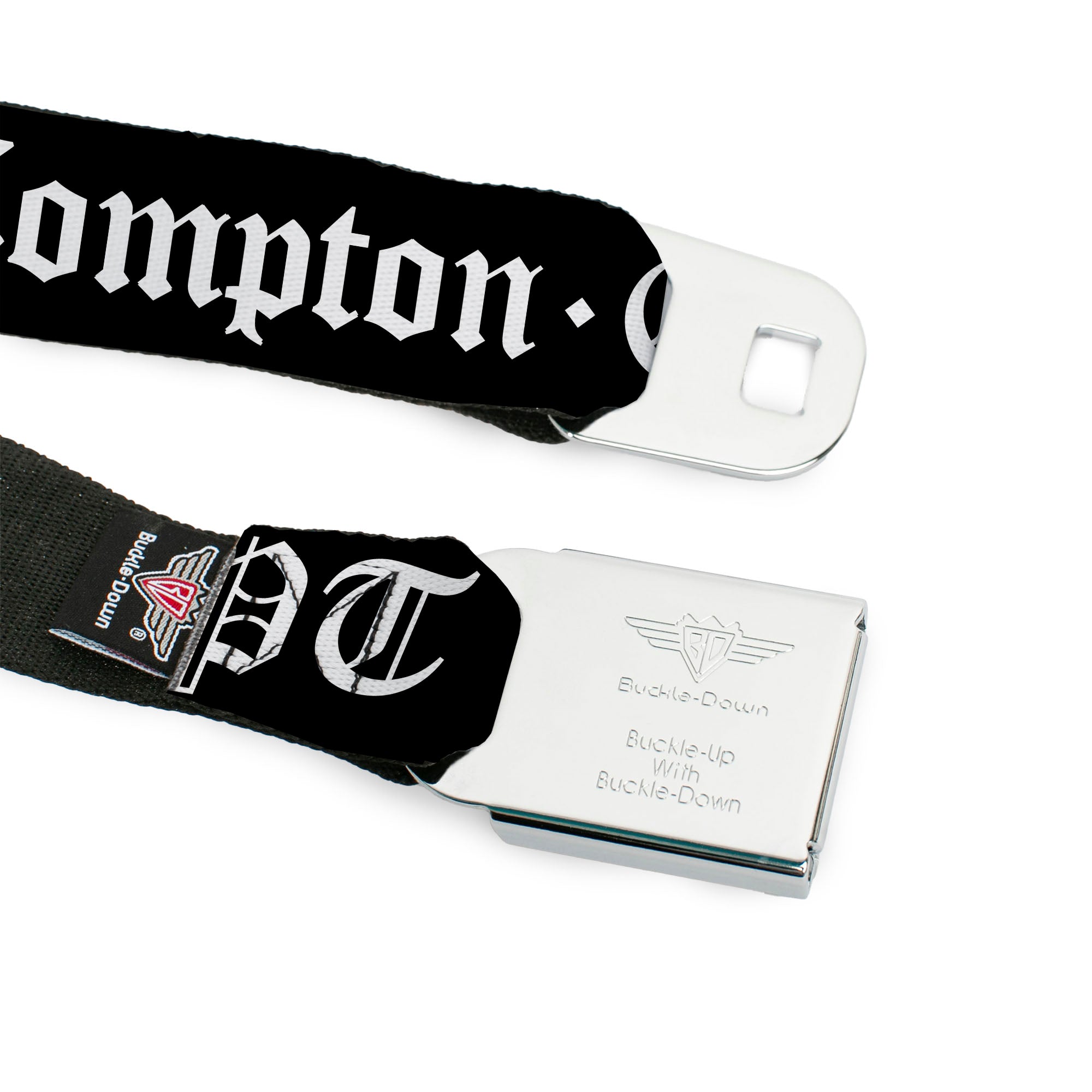 BD Wings Logo CLOSE-UP Full Color Black Silver Seatbelt Belt - COMPTON-CPT Black/White Webbing Seatbelt Belts Buckle-Down