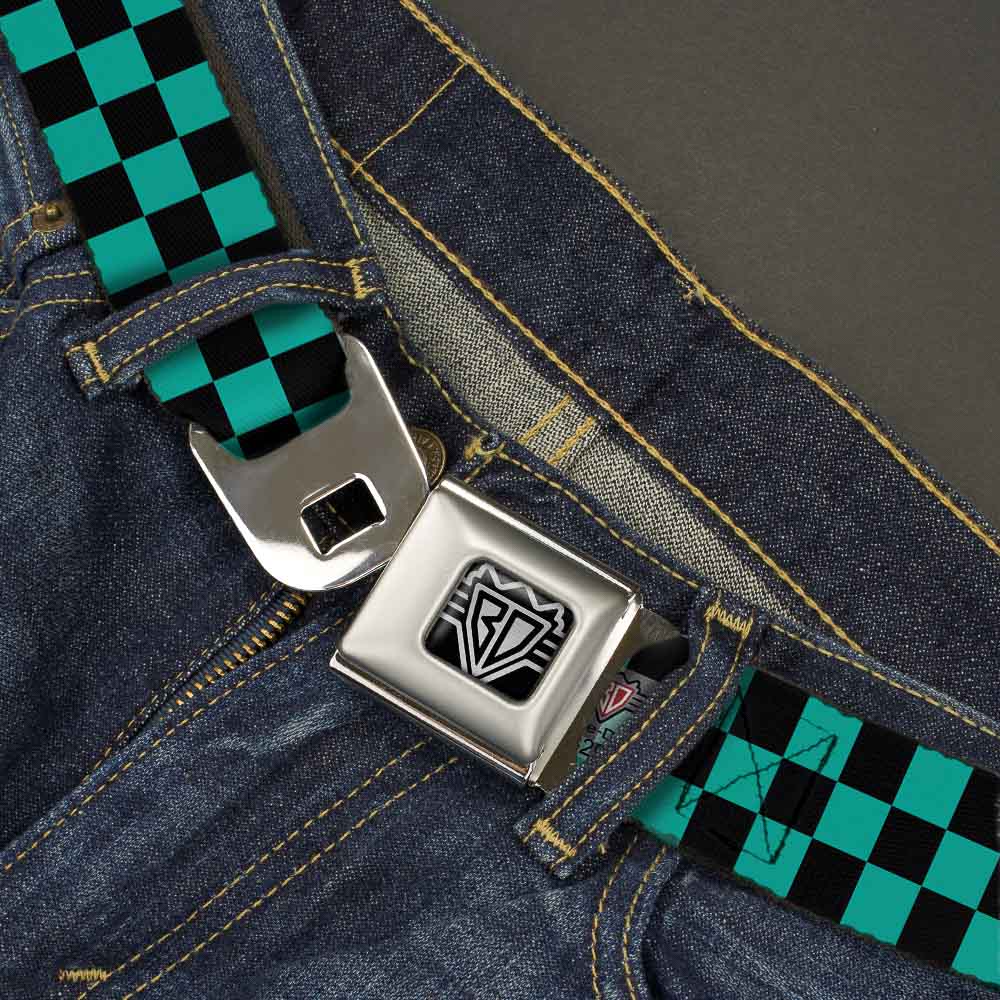 BD Wings Logo CLOSE-UP Full Color Black Silver Seatbelt Belt - Checker Black/Teal Webbing Seatbelt Belts Buckle-Down